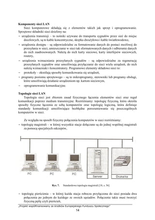 „Projekt współfinansowany ze środków Europejskiego Funduszu Społecznego”
14
Komponenty sieci LAN
Sieci komputerowe składają się z elementów takich jak sprzęt i oprogramowanie.
Sprzętowe składniki sieci dzielimy na:
− urządzenia transmisji – to nośniki używane do transportu sygnałów przez sieć do miejsc
docelowych, są to kable koncentryczne, skrętka dwużyłowa i kable światłowodowe,
− urządzenia dostępu – są odpowiedzialne za formatowanie danych do postaci możliwej do
przesyłania w sieci, umieszczanie w sieci tak sformatowanych danych i odbieranie danych
do nich zaadresowanych. Należą do nich karty sieciowe, karty interfejsów sieciowych,
routery,
− urządzenia wzmacniania przesyłanych sygnałów – są odpowiedzialne za regenerację
przesyłanych sygnałów oraz umożliwiają przyłączanie do sieci wielu urządzeń, do nich
należą wzmacniaki i koncentratory. Programowe elementy składowe sieci to:
− protokoły – określają sposoby komunikowania się urządzeń,
− programy poziomu sprzętowego – są to mikroprogramy, sterowniki lub programy obsługi,
które umożliwiają działanie urządzeniom np. kartom sieciowym,
− oprogramowanie komunikacyjne.
Topologie sieci LAN
Topologia sieci jest zbiorem zasad fizycznego łączenia elementów sieci oraz reguł
komunikacji poprzez medium transmisyjne. Rozróżniamy: topologię fizyczną, która określa
sposoby fizyczne łączenia ze sobą komputerów oraz topologię logiczną, która definiuje
standardy komunikacji umożliwiające bezbłędne porozumiewanie się poszczególnych
komputerów w sieci.
Ze względu na sposób fizyczny połączenia komputerów w sieci rozróżniamy:
− topologię magistrali – w której wszystkie stacje dołączane są do jednej wspólnej magistrali
za pomocą specjalnych odczepów,
Rys. 7. Standardowa topologia magistrali [18, s. 56]
− topologię pierścienia – w której każda stacja robocza przyłączona do sieci posiada dwa
połączenia po jednym do każdego ze swoich sąsiadów. Połączenie takie musi tworzyć
fizyczną pętlę czyli pierścień,
 