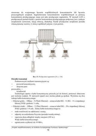 „Projekt współfinansowany ze środków Europejskiego Funduszu Społecznego”
19
stosowane do wzajemnego łączenia współdzielonych koncentratorów lub łączenia
poszczególnych urządzeń. Segmentowanie koncentratorów współdzielonych za pomocą
koncentratora przełączającego znane jest jako przełączanie segmentów. W sieciach LAN o
przełączanych portach każdy z portów koncentratora przełączającego połączony jest z jednym
urządzeniem (serwerem, stacją roboczą, drukarką). Każde przyłączone urządzenie posiada
własną domenę warstwy 2, którą współdzieli jedynie z tym portem.
Rys. 13. Przełączanie segmentów [18, s. 154]
Ośrodki transmisji
Podstawowymi mediami transmisyjnymi są:
− przewód koncentryczny,
− skręcona para
przewodów, −
światłowód.
Technologia oparta o kabel koncentryczny przeszła już do historii, ponieważ obarczona
jest wieloma wadami. W starszych typach sieci można jednak ją spotkać. Wyróżnia się dwa
rodzaje kabla koncentrycznego:
− Ethernet gruby – 10Base – 5 (Thick Ethernet) – oznacza kabel RG – 8 i RG – 11 o impedancji
falowej 50 Ω i grubości ½ cala,
− Ethernet cienki – 10Base – 2 (Thin Ethernet) – oznacza kabel RG – 58 o impedancji falowej
50 Ω i grubości 1/4 cala. Zalety kabla koncentrycznego to:
− mała wrażliwość na zakłócenia i szumy,
− odporny na uszkodzenia fizyczne (posiada twardą osłonę),
− zapewnia dużą odległość między stacjami (185 m.).
Wady kabla koncentrycznego:
− ograniczenie szybkości do 10 Mb/s,
 