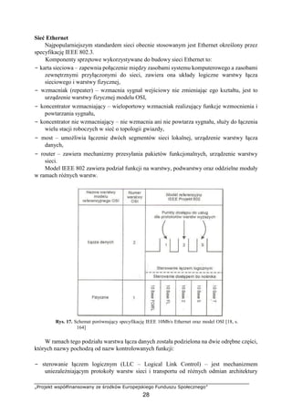 „Projekt współfinansowany ze środków Europejskiego Funduszu Społecznego”
28
Sieć Ethernet
Najpopularniejszym standardem sieci obecnie stosowanym jest Ethernet określony przez
specyfikację IEEE 802.3.
Komponenty sprzętowe wykorzystywane do budowy sieci Ethernet to:
− karta sieciowa – zapewnia połączenie między zasobami systemu komputerowego a zasobami
zewnętrznymi przyłączonymi do sieci, zawiera ona układy logiczne warstwy łącza
sieciowego i warstwy fizycznej,
− wzmacniak (repeater) – wzmacnia sygnał wejściowy nie zmieniając ego kształtu, jest to
urządzenie warstwy fizycznej modelu OSI,
− koncentrator wzmacniający – wieloportowy wzmacniak realizujący funkcje wzmocnienia i
powtarzania sygnału,
− koncentrator nie wzmacniający – nie wzmacnia ani nie powtarza sygnału, służy do łączenia
wielu stacji roboczych w sieć o topologii gwiazdy,
− most – umożliwia łączenie dwóch segmentów sieci lokalnej, urządzenie warstwy łącza
danych,
− router – zawiera mechanizmy przesyłania pakietów funkcjonalnych, urządzenie warstwy
sieci.
Model IEEE 802 zawiera podział funkcji na warstwy, podwarstwy oraz oddzielne moduły
w ramach różnych warstw.
Rys. 17. Schemat porównujący specyfikację IEEE 10Mb/s Ethernet oraz model OSI [18, s.
164]
W ramach tego podziału warstwa łącza danych została podzielona na dwie odrębne części,
których nazwy pochodzą od nazw kontrolowanych funkcji:
− sterowanie łączem logicznym (LLC – Logical Link Control) – jest mechanizmem
uniezależniającym protokoły warstw sieci i transportu od różnych odmian architektury
 