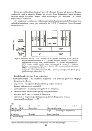 „Projekt współfinansowany ze środków Europejskiego Funduszu Społecznego”
44
Istotną jest możliwość uzyskania użytecznych informacji dotyczących sposobu wykonania
określonych zadań w systemie. Dlatego też obecnie firmy dostarczające oprogramowanie
świadczą usługi serwisowe. Zakres usług serwisowych jest określana w ramach
podpisywanych kontraktów.
Aby urządzenia w sieci mogły się komunikować niezbędne są protokoły komunikacyjne.
Najbardziej popularny zestaw tych protokołów to TCP/IP (Transmision Control Protocol/
Internet Protocol).
Rys. 34. Porównanie struktury TCP/IP z modelem OSI: IP – protokół internetowy, ICMP – protokół
komunikacyjny sterowania siecią, TCP – protokół sterowania transmisją, UDP – protokół
datagramów użytkownika, Tenet – zdalne logowanie, FTP – protokół przesyłania plików,
SMTP – prosty protokół przesyłu poczty elektronicznej, X – system X – Windows,
Kerberos – zabezpieczenia, DNS – nazwa domeny, ASN – notacja składni abstrakcyjnej,
SNMP – prosty protokół zarządzania
siecią, NFS – serwer plików sieciowych, RPC – zdalne wywołanie procedur, TFTP – prosty
protokół przesyłu plików, [14, s. 44]
Protokół międzysieciowy IP jest protokołem:
− bezpołączeniowym – nie ustanawia połączenia i nie sprawdza gotowości odległego
komputera do odbioru,
− niepewnym – nie zapewnia detekcji i korekcji błędów transmisji.
Zadania spełniane przez protokół IP:
− definiuje format i znaczenie poszczególnych pół datagramu,
− określa schemat adresowania używany w całym Internecie,
− zapewnia wybór trasy poruszania się datagramu,
− odpowiada za fragmentację i defragmentację dużych datagramów. Budowę
datagramu IP przedstawia rys. 35
bity
0 4 8 12 16 20 24 28 31
Wersja IHL Typ usługi Długość całkowita
Identyfikator Flagi Przesunięcie fragmentacji
Czas życia Protokół Suma kontrolna
Adres źródłowy
 