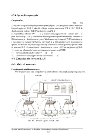„Projekt współfinansowany ze środków Europejskiego Funduszu Społecznego”
54
4.3.4. Sprawdzian postępów
Czy potrafisz:
Tak Nie
1) wyjaśnić usługi sieciowych systemów operacyjnych? 2) wyjaśnić funkcje protokołu
komunikacyjnego? 3) określić różnice między protokołem TCP i UDP? 4)
skonfigurować protokół TCP/IP na stacji roboczej?
5) określić klasy adresów IP? 6) rozróżnić pojęcia: klient – serwer, peer – to
peer, wielodostęp? 7) zainstalować i skonfigurować system Windows na serwerze?
8) zainstalować i skonfigurować system Windows na stacji roboczej? 9) zainstalować
i skonfigurować system NetWare na serwerze? 10) zainstalować i skonfigurować
system NetWare na stacji roboczej? 11) zainstalować i skonfigurować system UNIX
na serwerze? 12) zainstalować i skonfigurować system UNIX na stacji roboczej?
13) porównać właściwości sieciowych systemów operacyjnych?
14) utworzyć konta użytkowników?
15) zainstalować i udostępnić zasoby sieciowe?
4.4. Zarządzanie sieciami LAN
4.41. Materiał nauczania
Projektowanie sieci komputerowej
Przy projektowaniu sieci komputerowej należy określić strukturę fizyczną i logiczną sieci.
Rys. 38. Struktura logiczna sieci. [8, s. 393]
 