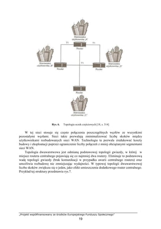 „Projekt współfinansowany ze środków Europejskiego Funduszu Społecznego”
19
Rys. 6. Topologia oczek częściowych [18, s. 314]
W tej sieci stosuje się często połączenia poszczególnych węzłów ze wszystkimi
pozostałymi węzłami. Sieci takie pozwalają zminimalizować liczbę skoków między
użytkownikami rozbudowanych sieci WAN. Technologia ta pozwala zredukować koszty
budowy i eksploatacji poprzez ograniczenie liczby połączeń z mniej obciążanymi segmentami
sieci WAN.
Topologia dwuwarstwowa jest odmianą podstawowej topologii gwiazdy, w której w
miejsce routera centralnego pojawiają się co najmniej dwa routery. Eliminuje to podstawową
wadę topologii gwiazdy (brak komunikacji w przypadku awarii centralnego routera) oraz
umożliwia rozbudowę nie zmniejszając wydajności. W typowej topologii dwuwarstwowej
liczba skoków zwiększa się o jeden, jako efekt umieszczenia dodatkowego router centralnego.
Przykład tej struktury przedstawia rys.7.
 