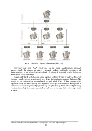 „Projekt współfinansowany ze środków Europejskiego Funduszu Społecznego”
21
Rys. 8. Sieć WAN o topologii trójwarstwowej [18, s. 316]
Trójwarstwowe sieci WAN zbudowane są na bazie dedykowanych urządzeń
transmisyjnych. Są odporne na awarie i posiadają większe możliwości rozbudowy niż
dwuwarstwowe. Są one jednak drogie w budowie i eksploatacji. Stosuje się je tylko do łączenia
bardzo dużej liczby lokalizacji.
Topologie hybrydowe to łączenie wielu topologii wykorzystywane w dużych, złożonych
sieciach. Umożliwiają one dostosowanie sieci WAN do istniejącego rozkładu obciążenia. Nie
istnieją w niej ograniczenia różnorodności topologii sieci WAN. Wybór zastosowanych
topologii zależy od danej sytuacji oraz wymagań dotyczących wydajności. Szczególnie w
sieciach wielowarstwowych występuje tendencja do hybrydyzacji. Przykład sieci hybrydowej
przedstawia rys. 9. jest to połączenie szkieletu wielowarstwowej sieci WAN w topologię oczek
pełnych.
 