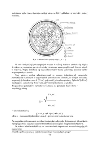 „Projekt współfinansowany ze środków Europejskiego Funduszu Społecznego”
10
materiałem izolacyjnym stanowią ośrodek kabla, na który nakładane są powłoki i osłony
ochronne.
Rys. 1. Budowa kabla symetrycznego [1, s. 157]
W celu identyfikacji poszczególnych wiązek w kaŜdej warstwie oznacza się wiązkę
licznikową wyznaczającą początek i wiązkę kierunkową wskazującą kierunek liczenia wiązek
w warstwie. Wiązki rozróŜnia się na podstawie barwy taśmy izolacyjnej. Liczenie warstw
rozpoczyna się od rdzenia.
Tory kablowe moŜna scharakteryzować za pomocą jednostkowych parametrów
pierwotnych ( określanych w odpowiednich jednostkach na kilometr), do których zaliczamy:
rezystancję jednostkową toru R [Ω/km], pojemność jednostkową między Ŝyłami C [nF/km],
indukcyjność jednostkową L [mH/km], upływność jednostkową G [µS/km].
Na podstawie parametrów pierwotnych wyznacza się parametry falowe toru: −
impedancję falową
R + jωL
Zf = √
G + jωC
− tamowność falową
Γ = α + jβ = (R + jωL) (G + jωC)
gdzie: α – tłumienność jednostkowa toru, β – przesuwność jednostkowa toru.
W przypadku niedopasowania impedancji nadajnika i odbiornika do impedancji falowej kabla
występują odbicia sygnału i niekorzystne nakładanie się sygnału z sygnałem uŜytecznym.
W praktyce właściwości elektryczne kabla ocenia się na podstawie wartości następujących
parametrów:
 