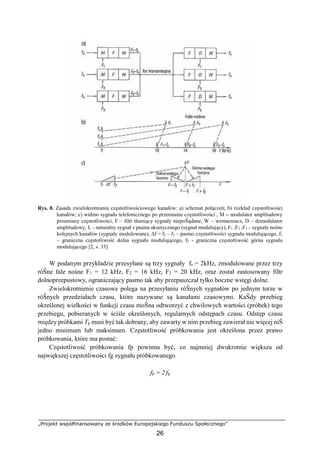 „Projekt współfinansowany ze środków Europejskiego Funduszu Społecznego”
26
Rys. 8. Zasada zwielokrotniania częstotliwościowego kanałów: a) schemat połączeń; b) rozkład częstotliwości
kanałów; c) widmo sygnału telefonicznego po przemianie częstotliwości , M – modulator amplitudowy
przemiany częstotliwości, F – filtr tłumiący sygnały niepoŜądane, W – wzmacniacz, D – demodulator
amplitudowy, fs – naturalny sygnał z pasma akustycznego (sygnał modulujący), F1 ,F2 ,F3 – sygnały nośne
kolejnych kanałów (sygnały modulowane), ∆f = f2 – f1 – pasmo częstotliwości sygnału modulującego, f1
– graniczna częstotliwość dolna sygnału modulującego, f2 - graniczna częstotliwość górna sygnału
modulującego [2, s. 33]
W podanym przykładzie przesyłane są trzy sygnały fs = 2kHz, zmodulowane przez trzy
róŜne fale nośne F1 = 12 kHz, F2 = 16 kHz, F3 = 20 kHz, oraz został zastosowany filtr
dolnoprzepustowy, ograniczający pasmo tak aby przepuszczał tylko boczne wstęgi dolne.
Zwielokrotnienie czasowe polega na przesyłaniu róŜnych sygnałów po jednym torze w
róŜnych przedziałach czasu, które nazywane są kanałami czasowymi. KaŜdy przebieg
określonej wielkości w funkcji czasu moŜna odtworzyć z chwilowych wartości (próbek) tego
przebiegu, pobieranych w ściśle określonych, regularnych odstępach czasu. Odstęp czasu
między próbkami Tp musi być tak dobrany, aby zawarty w nim przebieg zawierał nie więcej niŜ
jedno minimum lub maksimum. Częstotliwość próbkowania jest określona przez prawo
próbkowania, które ma postać:
Częstotliwość próbkowania fp powinna być, co najmniej dwukrotnie większa od
największej częstotliwości fg sygnału próbkowanego.
fp > 2 fg
 