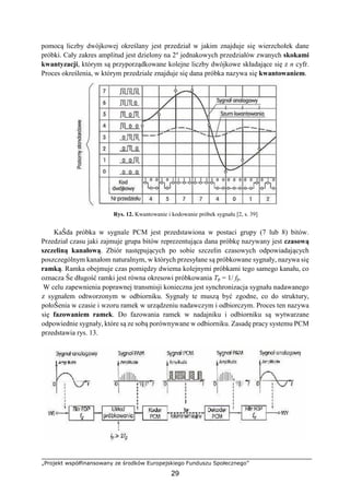„Projekt współfinansowany ze środków Europejskiego Funduszu Społecznego”
29
pomocą liczby dwójkowej określany jest przedział w jakim znajduje się wierzchołek dane
próbki. Cały zakres amplitud jest dzielony na 2n
jednakowych przedziałów zwanych skokami
kwantyzacji, którym są przyporządkowane kolejne liczby dwójkowe składające się z n cyfr.
Proces określenia, w którym przedziale znajduje się dana próbka nazywa się kwantowaniem.
Rys. 12. Kwantowanie i kodowanie próbek sygnału [2, s. 39]
KaŜda próbka w sygnale PCM jest przedstawiona w postaci grupy (7 lub 8) bitów.
Przedział czasu jaki zajmuje grupa bitów reprezentująca dana próbkę nazywany jest czasową
szczeliną kanałową. Zbiór następujących po sobie szczelin czasowych odpowiadających
poszczególnym kanałom naturalnym, w których przesyłane są próbkowane sygnały, nazywa się
ramką. Ramka obejmuje czas pomiędzy dwiema kolejnymi próbkami tego samego kanału, co
oznacza Ŝe długość ramki jest równa okresowi próbkowania Tp = 1/ fp.
W celu zapewnienia poprawnej transmisji konieczna jest synchronizacja sygnału nadawanego
z sygnałem odtworzonym w odbiorniku. Sygnały te muszą być zgodne, co do struktury,
połoŜenia w czasie i wzoru ramek w urządzeniu nadawczym i odbiorczym. Proces ten nazywa
się fazowaniem ramek. Do fazowania ramek w nadajniku i odbiorniku są wytwarzane
odpowiednie sygnały, które są ze sobą porównywane w odbiorniku. Zasadę pracy systemu PCM
przedstawia rys. 13.
 