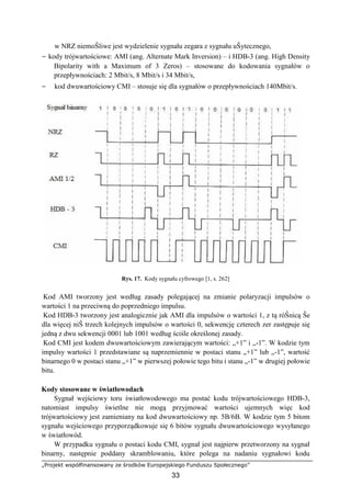 „Projekt współfinansowany ze środków Europejskiego Funduszu Społecznego”
33
w NRZ niemoŜliwe jest wydzielenie sygnału zegara z sygnału uŜytecznego,
− kody trójwartościowe: AMI (ang. Alternate Mark Inversion) – i HDB-3 (ang. High Density
Bipolarity with a Maximum of 3 Zeros) – stosowane do kodowania sygnałów o
przepływnościach: 2 Mbit/s, 8 Mbit/s i 34 Mbit/s,
− kod dwuwartościowy CMI – stosuje się dla sygnałów o przepływnościach 140Mbit/s.
Rys. 17. Kody sygnału cyfrowego [1, s. 262]
Kod AMI tworzony jest według zasady polegającej na zmianie polaryzacji impulsów o
wartości 1 na przeciwną do poprzedniego impulsu.
Kod HDB-3 tworzony jest analogicznie jak AMI dla impulsów o wartości 1, z tą róŜnicą Ŝe
dla więcej niŜ trzech kolejnych impulsów o wartości 0, sekwencję czterech zer zastępuje się
jedną z dwu sekwencji 0001 lub 1001 według ściśle określonej zasady.
Kod CMI jest kodem dwuwartościowym zawierającym wartości: „+1” i „-1”. W kodzie tym
impulsy wartości 1 przedstawiane są naprzemiennie w postaci stanu „+1” lub „-1”, wartość
binarnego 0 w postaci stanu „+1” w pierwszej połowie tego bitu i stanu „-1” w drugiej połowie
bitu.
Kody stosowane w światłowodach
Sygnał wejściowy toru światłowodowego ma postać kodu trójwartościowego HDB-3,
natomiast impulsy świetlne nie mogą przyjmować wartości ujemnych więc kod
trójwartościowy jest zamieniany na kod dwuwartościowy np. 5B/6B. W kodzie tym 5 bitom
sygnału wejściowego przyporządkowuje się 6 bitów sygnału dwuwartościowego wysyłanego
w światłowód.
W przypadku sygnału o postaci kodu CMI, sygnał jest najpierw przetworzony na sygnał
binarny, następnie poddany skramblowaniu, które polega na nadaniu sygnałowi kodu
 