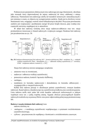 „Projekt współfinansowany ze środków Europejskiego Funduszu Społecznego”
52
Podstawowym parametrem elektrycznym toru radiowego jest jego tłumienność, określana
jako stosunek mocy doprowadzonej do anteny nadawczej do mocy odebranej z anteny
odbiorczej. Tłumienność toru radiowego zaleŜy od warunków terenowych i atmosferycznych i
jest zmienna w czasie, co objawia się występowaniem zaników. Zanik jest to chwilowy wzrost
tłumienności toru, osiągający wartość nawet kilkudziesięciu decybeli. Przyczyna powstawania
zaników jest rozpraszanie i pochłanianie energii fal przez krople deszczu, pary wodnej oraz
cząsteczki zawiesiny znajdującej się w atmosferze.
W skład linii radiowej wchodzą dwie stacje nadawczo-odbiorcze oraz tzw. stacje
przekaźnikowe (stosowane w liniach radiowych o większym zasięgu). Struktura linii radiowej
jest przedstawiona na rys. 30.
Rys. 30. Struktura teletransmisyjnej linii radiowej: KrT – krotnica telefoniczna, Mod – modulator, Nw.cz – nadajnik
wielkiej częstotliwości, Dem – demodulator, O w.cz – odbiornik wielkiej częstotliwości, Z – zwrotnica,
UNiK – urządzenia nadzoru i kontroli [1, s. 287]
Stacja linii radiowej zawiera następujące urządzenia:
− antenowe wraz ze zwrotnicami,
− nadawcze i odbiorcze wielkiej częstotliwości,
− pomocnicze nadzoru, kontroli i łączności słuŜbowej,
− zasilające,
− modulatory (w kierunku nadawczym) i demodulatory (w kierunku odbiorczym) –
występują tylko w stacjach końcowych.
KaŜda linia radiowa pracuje w określonym paśmie częstotliwości, zwanym kanałem
radiowym. Kanał radiowy charakteryzuje się częstotliwością środkową oraz szerokością pasma.
Linia radiowa moŜe mieć jeden lub wiele kanałów radiowych realizowanych w jednym
wspólnym torze tzn. z jedną wspólną anteną. Sygnały zbiorcze poszczególnych kanałów
radiowych rozdziela się za pomocą filtrów oraz przez odpowiednią polaryzację promieniowanej
fali.
Budowa i zasada działania linii radiowej Linie
radiowe dzielimy na:
− analogowe – z modulacją częstotliwości współpracujące z systemami zwielokrotnienia
częstotliwościowego,
− cyfrowe – przystosowane do współpracy z krotnicami o zwielokrotnieniu czasowym.
 