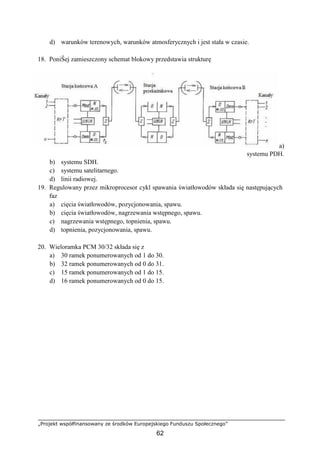 „Projekt współfinansowany ze środków Europejskiego Funduszu Społecznego”
62
d) warunków terenowych, warunków atmosferycznych i jest stała w czasie.
18. PoniŜej zamieszczony schemat blokowy przedstawia strukturę
a)
systemu PDH.
b) systemu SDH.
c) systemu satelitarnego.
d) linii radiowej.
19. Regulowany przez mikroprocesor cykl spawania światłowodów składa się następujących
faz
a) cięcia światłowodów, pozycjonowania, spawu.
b) cięcia światłowodów, nagrzewania wstępnego, spawu.
c) nagrzewania wstępnego, topnienia, spawu.
d) topnienia, pozycjonowania, spawu.
20. Wieloramka PCM 30/32 składa się z
a) 30 ramek ponumerowanych od 1 do 30.
b) 32 ramek ponumerowanych od 0 do 31.
c) 15 ramek ponumerowanych od 1 do 15.
d) 16 ramek ponumerowanych od 0 do 15.
 
