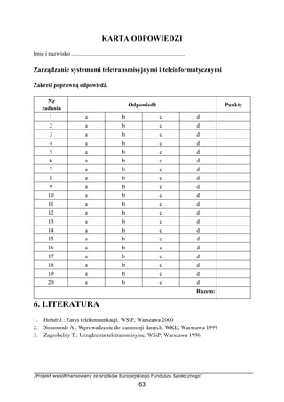 „Projekt współfinansowany ze środków Europejskiego Funduszu Społecznego”
63
KARTA ODPOWIEDZI
Imię i nazwisko ...............................................................................
Zarządzanie systemami teletransmisyjnymi i teleinformatycznymi
Zakreśl poprawną odpowiedź.
Nr
zadania
Odpowiedź Punkty
1 a b c d
2 a b c d
3 a b c d
4 a b c d
5 a b c d
6 a b c d
7 a b c d
8 a b c d
9 a b c d
10 a b c d
11 a b c d
12 a b c d
13 a b c d
14 a b c d
15 a b c d
16 a b c d
17 a b c d
18 a b c d
19 a b c d
20 a b c d
Razem:
6. LITERATURA
1. Hołub J.: Zarys telekomunikacji. WSiP, Warszawa 2000
2. Simmonds A.: Wprowadzenie do transmisji danych. WKŁ, Warszawa 1999
3. Zagrobelny T.: Urządzenia teletransmisyjne. WSiP, Warszawa 1996
 