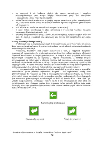 „Projekt współfinansowany ze środków Europejskiego Funduszu Społecznego”
12
− nie zastawiać i nie blokować dojścia do sprzętu poŜarniczego i urządzeń
przeciwpoŜarowych oraz przejść między stanowiskami pracy oraz maszynami
i urządzeniami, a takŜe wyjść z pomieszczeń,
− usuwać bezzwłocznie stwierdzone przyczyny mogące spowodować poŜar, niedociągnięcia
zaś, których nie moŜna usunąć we własnym zakresie, zgłaszać natychmiast przełoŜonemu
lub pracodawcy,
− brać udział w szkoleniach w zakresie ochrony przeciwpoŜarowej,
− w razie poŜaru uczestniczyć w akcji ratowniczej i wykonywać wszelkie polecenia
kierującego działaniami ratowniczymi,
− uprzątnąć swoje stanowisko pracy, z chwilą zakończenia pracy, wyłączyć dopływ prądu lub
gazu do maszyn i urządzeń oraz sprawdzić, czy nie ma niebezpieczeństwa powstania
poŜaru.
Zasady ochrony przeciwpoŜarowej.
W obiektach oraz na terenach przyległych do nich zabronione jest wykonywanie czynności,
które mogą spowodować poŜar, jego rozprzestrzenianie się, utrudnienie prowadzenia działania
ratowniczego lub ewakuacji.
Właściciele, budynków oraz placów składowych i wiat, z wyjątkiem budynków
mieszkalnych jednorodzinnych, oznakowują drogi ewakuacyjne znakami zgodnymi z Polskimi
Normami. Oznakowania wymagają pomieszczenia, w których w myśl przepisów techniczno-
budowlanych konieczne są, co najmniej 2 wyjścia ewakuacyjne. Z kaŜdego miejsca
przeznaczonego na pobyt ludzi w obiekcie powinny być zapewnione odpowiednie warunki
ewakuacji, zapewniające moŜliwość szybkiego i bezpiecznego opuszczenia strefy zagroŜonej lub
objętej poŜarem. Warunki ewakuacji powinny być dostosowane do liczby i stanu sprawności
osób przebywających w obiekcie, funkcji obiektu oraz jego konstrukcji i wymiarów.
Przy wytyczaniu dróg ewakuacyjnych naleŜy uwzględnić wymogi w sprawie warunków
technicznych, jakim powinny odpowiadać budynki i ich usytuowanie, liczbę osób
przewidywanych do ewakuacji nie tylko z poszczególnych kondygnacji obiektu, ale równieŜ
z ich części. Istotne jest równieŜ właściwe oznakowanie dróg ewakuacyjnych. Generalną regułą
jest stosowanie poszczególnych wymienionych w Polskiej Normie PN-92 N-01256/02 pt.
„Znaki Bezpieczeństwa. Ewakuacja” znaków ściśle z ich przeznaczeniem oraz takie ich
rozmieszczanie, aby z kaŜdego miejsca drogi widoczny był co najmniej kolejny jeden znak.
Szczegóły dotyczące prawidłowego rozmieszczania znaków ewakuacyjnych określa natomiast
Polska Norma PN-N-01256-5.
Kierunek drogi ewakuacyjnej
Ciągnąć, aby otworzyć Pchać, aby otworzyć
 