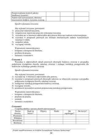 „Projekt współfinansowany ze środków Europejskiego Funduszu Społecznego”
34
Przeprowadzanie kontroli jakości
handlowej Ŝywności.
Nadzór nad wytwarzaniem, obrotem i
stosowaniem środków Ŝywienia zwierząt.
Sposób wykonania ćwiczenia
Aby wykonać ćwiczenie, powinieneś:
1) przeczytać materiał nauczania,
2) zorganizować stanowisko pracy do wykonania ćwiczenia,
3) wyszukać np. w Internecie odpowiednie akty prawne dotyczące nadzoru weterynaryjnego,
4) wyszukać w przepisach prawnych (na stronach internetowych) zadania wymienionych
instytucji w tabeli,
5) uzupełnić tabelę,
6) wyciągnąć wnioski.
WyposaŜenie stanowiska pracy:
− komputer z dostępem do Internetu,
− przybory do pisania,
− literatura z rozdziału 6.
Ćwiczenie 2
Wyszukaj w odpowiednich aktach prawnych obowiązki hodowcy zwierząt w przypadku
podejrzenia wystąpienia choroby zakaźnej zwierząt i zredaguj instrukcję postępowania dla
hodowców wybranego gatunku zwierząt.
Sposób wykonania ćwiczenia
Aby wykonać ćwiczenie, powinieneś:
1) wyszukać np. w Internecie odpowiednie akty prawne,
2) wyszukać w przepisach prawnych obowiązki nałoŜone na właściciela zwierząt w przypadku
podejrzenia wystąpienia choroby zakaźnej zwierząt,
3) zredagować instrukcję postępowania hodowcy zwierząt,
4) wyciągnąć wnioski,
5) przedstawić pozostałym uczniom proponowaną instrukcję postępowania.
WyposaŜenie stanowiska pracy:
− komputer z dostępem do Internetu,
− przybory do pisania,
− notatnik,
− literatura z rozdziału 6.
Ćwiczenie3
Uzupełnij tabelkę z opisami chorób odzwierzęcych.
Nazwa
choroby
Skąd się
bierze?
Objawy Skutki Jak
zapobiegać?
Jak leczyć?
Pryszczyca
Włośnica
Wścieklizna
Borelioza
 