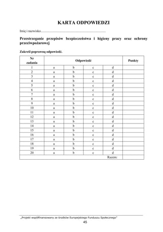 „Projekt współfinansowany ze środków Europejskiego Funduszu Społecznego”
45
KARTA ODPOWIEDZI
Imię i nazwisko...............................................................................
Przestrzeganie przepisów bezpieczeństwa i higieny pracy oraz ochrony
przeciwpoŜarowej
Zakreśl poprawną odpowiedź.
Nr
zadania
Odpowiedź Punkty
1 a b c d
2 a b c d
3 a b c d
4 a b c d
5 a b c d
6 a b c d
7 a b c d
8 a b c d
9 a b c d
10 a b c d
11 a b c d
12 a b c d
13 a b c d
14 a b c d
15 a b c d
16 a b c d
17 a b c d
18 a b c d
19 a b c d
20 a b c d
Razem:
 