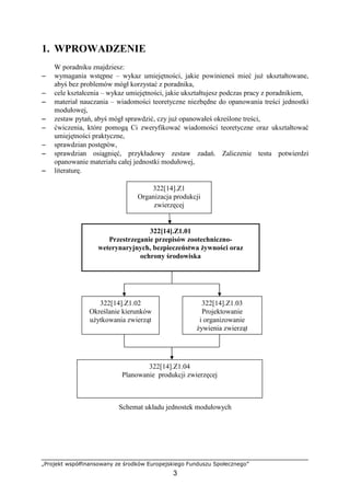 „Projekt współfinansowany ze środków Europejskiego Funduszu Społecznego”
3
1. WPROWADZENIE
W poradniku znajdziesz:
−−−− wymagania wstępne – wykaz umiejętności, jakie powinieneś mieć juŜ ukształtowane,
abyś bez problemów mógł korzystać z poradnika,
−−−− cele kształcenia – wykaz umiejętności, jakie ukształtujesz podczas pracy z poradnikiem,
−−−− materiał nauczania – wiadomości teoretyczne niezbędne do opanowania treści jednostki
modułowej,
−−−− zestaw pytań, abyś mógł sprawdzić, czy juŜ opanowałeś określone treści,
−−−− ćwiczenia, które pomogą Ci zweryfikować wiadomości teoretyczne oraz ukształtować
umiejętności praktyczne,
−−−− sprawdzian postępów,
−−−− sprawdzian osiągnięć, przykładowy zestaw zadań. Zaliczenie testu potwierdzi
opanowanie materiału całej jednostki modułowej,
−−−− literaturę.
Schemat układu jednostek modułowych
322[14].Z1
Organizacja produkcji
zwierzęcej
322[14].Z1.01
Przestrzeganie przepisów zootechniczno-
weterynaryjnych, bezpieczeństwa Ŝywności oraz
ochrony środowiska
322[14].Z1.04
Planowanie produkcji zwierzęcej
322[14].Z1.03
Projektowanie
i organizowanie
Ŝywienia zwierząt
322[14].Z1.02
Określanie kierunków
uŜytkowania zwierząt
 