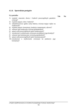 „Projekt współfinansowany ze środków Europejskiego Funduszu Społecznego”
14
4.1.4. Sprawdzian postępów
Czy potrafisz
Tak Nie
1) wyjaśnić znaczenie chowu i hodowli poszczególnych gatunków
zwierząt?
2) wyjaśnić pojęcia: chów i hodowla?
3) scharakteryzować ogólne cechy budowy zwierząt mające wpływ na
uŜytkowość?
4) wyjaśnić pojęcia: konstytucja, kondycja, temperament, zdrowie?
5) wskazać typy kondycyjne zwierząt gospodarskich?
6) opisać cechy poszczególnych typów kondycyjnych?
7) wnioskować o uŜytkowaniu zwierzęcia na podstawie jego kondycji?
8) wskazać typy konstytucyjne zwierząt gospodarskich?
9) opisać cechy poszczególnych typów konstytucyjnych?
10) wnioskować o uŜytkowaniu zwierzęcia na podstawie jego
konstytucji?
 