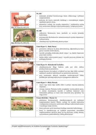 „Projekt współfinansowany ze środków Europejskiego Funduszu Społecznego”
23
Rys. 17. Rasa Pic 402 [18]
Pic 402
− doskonały przykład bezstresowego knura obdarzonego wybitnym
temperamentem,
− polecany do krycia materiału Ŝeńskiego o niewiadomym stopniu
opadnięcia genem stresu,
− potomstwo cechuje się wysoką mięsnością i wydajnością rzeźną
przy zachowaniu dobrego wykorzystania paszy i tempa przyrostów.
Rys. 18. Rasa Pic 408 [18]
Pic 408
− całkowicie bezstresowy knur, pochodzi ze szczytu piramidy
hodowlanej,
− przeznaczony dla hodowców zainteresowanych wysoką mięsnością i
wybojowością,
− charakteryzuje się doskonałą jakością mięsa.
Rys. 19. Rasa Linia Hypor G -
Biały Duroc [18]
Linia Hypor G - Biały Duroc
− potomstwo odznacza się duŜą zdrowotnością, odpornością na nieco
gorsze warunki środowiskowe,
− tuczniki posiadają doskonałą jakość mięsa i są chętnie kupowane
przez duŜe rzeźnie,
− bardzo dobre wykorzystanie paszy i wysokie przyrosty dzienne nie
podlegają dyskusji.
Rys. 20. Rasa Linia Hypor B -
Holenderski Yorkshire
[18]
Linia Hypor B - Holenderski Yorkshire
− charakterystyczna długa budowa ciała jest dość dobrze
przekazywana na potomstwo,
− ponad dwieście lat tradycji w hodowli tej rasy daje efekt w postaci
stabilnych wyników hodowlanych na najwyŜszym poziomie,
− przy zachowaniu dobrych warunków środowiskowych efekty
produkcyjne sprostają najwyŜszym wymaganiom odbiorców
Rys. 21. Rasa Linia Hypor S -
Biały Pietrain [18] Linia Hypor S - Biały Pietrain
− uŜycie tego knura daje szybki efekt w postaci znacznej poprawy
mięsności,
− stosując nasienie Pietraina trzeba uwzględnić wyŜszą jakość paszy,
w zamian otrzymujemy tuczniki o wybitnej mięsności oraz
doskonałym pokroju, co moŜe mieć znaczenie przy sprzedaŜy "na
wagę Ŝywą".
Rys. 22. Rasa France Hybrides -
Maxter 16 [18]
France Hybrides - Maxter 16
− potomstwo bezstresowych, charakteryzujących się wybitnym
temperamentem knurów Master, cechuje się wysoką mięsnością
i wydajnością rzeźną przy zachowaniu dobrego wykorzystania paszy
i wysokiego tempa wzrostu,
− knury polecane są do inseminacji kaŜdego materiału hodowlanego,
− knury te charakteryzują się szybkimi przyrostami, niewielkim
współczynnikiem spoŜycia paszy na kg przyrostu, cienką słoniną,
wyrównaniem, jednorodnością i dobrą jakością tusz.
 