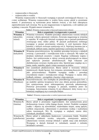 „Projekt współfinansowany ze środków Europejskiego Funduszu Społecznego”
9
— rozpuszczalne w tłuszczach,
— rozpuszczalne w wodzie.
Witaminy rozpuszczalne w tłuszczach występują w paszach zawierających tłuszcze i są
z nimi wchłaniane. Witaminy rozpuszczalne w wodzie biorą czynny udział w przemianie
materii. U przeŜuwaczy są wytwarzane przez bakterie Ŝwacza, a ich ilość zabezpiecza
zapotrzebowanie tych zwierząt. Nie są one magazynowane w organizmie, a ich nadmiar jest
wydalany z moczem. Wyjątek stanowi witamina B12.
Tabela 2. Witaminy rozpuszczalne w tłuszczach [opracowanie własne]
Witamina Rola w organizmie i występowanie w paszach
Witamina A
(akseroftol,
retinol)
Witamina wzrostowa. Niedobór powoduje zahamowanie wzrostu młodych
zwierząt i obniŜa sprawność widzenia. Zwierzęta magazynują tę witaminę
w wątrobie. W większych ilościach występuje ona w paszach pochodzenia
zwierzęcego (tran, mleko pełne). W paszach pochodzenia roślinnego
występuje w postaci prowitaminy witaminy A czyli karotenów (beta-
karoten), z których zwierzęta syntetyzują wit.A. Najwięcej karotenu jest w
zielonkach, dobrym sianie, marchwi pastewnej i czerwonej oraz brukwi.
Witamina D
(kalcyferol)
Witamina przeciwkrzywicza. Jej niedobór powoduje krzywicę u młodych
zwierząt, a porowatość i rozmiękczenie kości u starszych. Ma wpływ na
działanie niektórych enzymów i mięśni. Reguluje wchłanianie wapnia i
fosforu. Jest syntetyzowana w skórze zwierząt przebywających na słońcu
pod wpływem promieni ultrafioletowych. Stąd wskazane jest
okólnikowanie zwierząt o kaŜdej porze roku. Spośród pasz znajduje się w:
tranie, maśle, wątrobie, jajach i sianie suszonym na słońcu
Witamina E
(tokoferol)
Jest czynnikiem płodnościowym. Bierze udział w tworzeniu włókien
mięśniowych i tkanki łącznej. Jest związana z przemianą tłuszczów i działa
jako przeciwutleniacz. Niedobór występuje rzadko i powoduje
zwyrodnienie mięśni i rozmiękczenie mózgu. Występuje w ziarnie zbóŜ,
kiełkach, zielonce – szczególnie z lucerny i oleju sojowym.
Witamina K
(filochinon)
Przeciwkrwotoczna. Jest niezbędna do prawidłowego krzepnięcia krwi, a
jej niedobór opóźnia krzepniecie krwi oraz obniŜa poziom protrombiny.
Jest syntetyzowana przez mikroorganizmy przewodu pokarmowego.
PoniewaŜ powszechnie występuje w paszach, niedobory prawi nie
występują. Antywitamina witaminy K jest dikumorol, który tworzy się z
kumaryny znajdującej się w nostrzyku białym.
Tabela 3. Witaminy rozpuszczalne w wodzie [opracowanie własne]
Witamina Rola w organizmie i występowanie w paszach
Witamina B1
(tiamina)
Bierze udział w przemianie węglowodanów. Jest syntetyzowana przez
drobnoustroje Ŝwacza i jelita ślepego (konie, świnie). Niedobór występuje
rzadko i objawia się nerwobólami, niedowładem mięśni, utratą apetytu,
szybkim zmęczeniem, zaburzeniami w przemianie wodnej i wydzielaniu
soków trawiennych. Wit. B1 występuje w otrębach, ziarnie zbóŜ,
zielonkach, droŜdŜach i mleku.
Witamina B2
(ryboflawina)
Bierze udział w oddychaniu tkankowym i przemianie białek. Niedobór
powoduje osłabienie wzroku, zmęczenie, zmniejszenie apetytu,
zahamowanie wzrostu zwierząt młodych i spadek masy ciała dorosłych.
Występuje w duŜych ilościach w: zielonkach, suszach z zielonek,
droŜdŜach i serwatce.
 