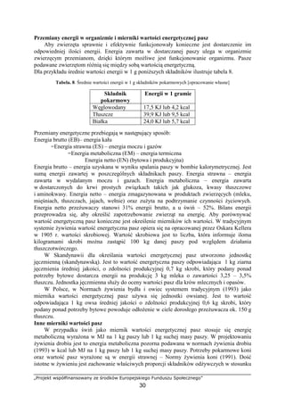 „Projekt współfinansowany ze środków Europejskiego Funduszu Społecznego”
30
Przemiany energii w organizmie i mierniki wartości energetycznej pasz
Aby zwierzęta sprawnie i efektywnie funkcjonowały konieczne jest dostarczenie im
odpowiedniej ilości energii. Energia zawarta w dostarczanej paszy ulega w organizmie
zwierzęcym przemianom, dzięki którym moŜliwe jest funkcjonowanie organizmu. Pasze
podawane zwierzętom róŜnią się między sobą wartością energetyczną.
Dla przykładu średnie wartości energii w 1 g poniŜszych składników ilustruje tabela 8.
Tabela. 8. Średnie wartości energii w 1 g składników pokarmowych [opracowanie własne]
Składnik
pokarmowy
Energii w 1 gramie
Węglowodany 17,5 KJ lub 4,2 kcal
Tłuszcze 39,9 KJ lub 9,5 kcal
Białka 24,0 KJ lub 5,7 kcal
Przemiany energetyczne przebiegają w następujący sposób:
Energia brutto (EB)– energia kału
=Energia strawna (ES) – energia moczu i gazów
=Energia metaboliczna (EM) – energia termiczna
Energia netto (EN) (bytowa i produkcyjna)
Energia brutto – energia uzyskana w wyniku spalania paszy w bombie kalorymetrycznej. Jest
sumą energii zawartej w poszczególnych składnikach paszy. Energia strawna – energia
zawarta w wydalanym moczu i gazach. Energia metaboliczna – energia zawarta
w dostarczonych do krwi prostych związkach takich jak glukoza, kwasy tłuszczowe
i aminokwasy. Energia netto – energia zmagazynowana w produktach zwierzęcych (mleku,
mięśniach, tłuszczach, jajach, wełnie) oraz zuŜyta na podtrzymanie czynności Ŝyciowych.
Energia netto przeŜuwaczy stanowi 31% energii brutto, a u świń – 52%. Bilans energii
przeprowadza się, aby określić zapotrzebowanie zwierząt na energię. Aby porównywać
wartość energetyczną pasz konieczne jest określenie mierników ich wartości. W tradycyjnym
systemie Ŝywienia wartość energetyczna pasz opiera się na opracowanej przez Oskara Kellera
w 1905 r. wartości skrobiowej. Wartość skrobiowa jest to liczba, która informuje iloma
kilogramami skrobi moŜna zastąpić 100 kg danej paszy pod względem działania
tłuszczotwórczego.
W Skandynawii dla określania wartości energetycznej pasz utworzono jednostkę
jęczmienną (skandynawską). Jest to wartość energetyczna paszy odpowiadająca 1 kg ziarna
jęczmienia średniej jakości, o zdolności produkcyjnej 0,7 kg skrobi, który podany ponad
potrzeby bytowe dostarcza energii na produkcję 3 kg mleka o zawartości 3,25 – 3,5%
tłuszczu. Jednostka jęczmienna słuŜy do oceny wartości pasz dla krów mlecznych i opasów.
W Polsce, w Normach Ŝywienia bydła i owiec systemem tradycyjnym (1993) jako
miernika wartości energetycznej pasz uŜywa się jednostki owsianej. Jest to wartość
odpowiadająca 1 kg owsa średniej jakości o zdolności produkcyjnej 0,6 kg skrobi, który
podany ponad potrzeby bytowe powoduje odłoŜenie w ciele dorosłego przeŜuwacza ok. 150 g
tłuszczu.
Inne mierniki wartości pasz
W przypadku świń jako miernik wartości energetycznej pasz stosuje się energię
metaboliczną wyraŜona w MJ na 1 kg paszy lub 1 kg suchej masy paszy. W projektowaniu
Ŝywienia drobiu jest to energia metaboliczna pozorna podawana w normach Ŝywienia drobiu
(1993) w kcal lub MJ na 1 kg paszy lub 1 kg suchej masy paszy. Potrzeby pokarmowe koni
oraz wartość pasz wyraŜone są w energii strawnej – Normy Ŝywienia koni (1991). Dość
istotne w Ŝywieniu jest zachowanie właściwych proporcji składników odŜywczych w stosunku
 