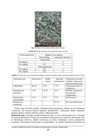 „Projekt współfinansowany ze środków Europejskiego Funduszu Społecznego”
38
Rys. 16. Dobre siano łąkowe [opracowanie własne]
Tabela 10. Ubytki naturalne przy przechowywaniu siana [6]
Ubytki w % w okresieWyszczególnienie
do 6 miesięcy powyŜej 6 miesięcy
Siano luzem
W stogach 1 5
W szopach 0,7 4
Siano prasowane
W stogach 0,4 3
W szopach 0,3 2
Tabela. 11. Przyczyny strat zachodzących podczas suszenia zielonki na siano i przechowywania siana (w %) [6]
Przyczyna strat Sucha masa Białko
surowe
Jednostki
pokarmowe
Wilgotność suszonej
zielonki i słoma przy
której powstają straty
Oddychanie Do 10 5-10 5-10 Od skoszenia do 4-%
wilgotności
Mechaniczne
kruszenie
5-10 10-15 0-15 Od 40% wilgotności
do momentu
składowania
Wymywanie
i fermentacja
5-15 5-15 5-15 Od skoszenia
Pogorszenie
zawartości
10-15 Do czasu skarmienia
Dobre siano ma kolor zielony, charakterystyczny przyjemny zapach, nie jest połamane
i skruszone. Nie zawiera obcych zapachów, przebarwień i widocznych śladów obecności
grzybów (pleśni). MoŜna odróŜnić rośliny z jakich powstało.
Zakiszanie pasz to kolejna metoda konserwacji pasz w celu wykorzystania ich w Ŝywieniu
zwierząt gospodarskich. Polega ono na poddaniu zakiszanej masy procesowi fermentacji. Jest
to fermentacja mlekowa, jednak towarzyszą jej takŜe fermentacje octowa, propionowa
i masłowa. Fermentacje towarzyszące są niepoŜądane W wyniku fermentacji gromadzą się
 
