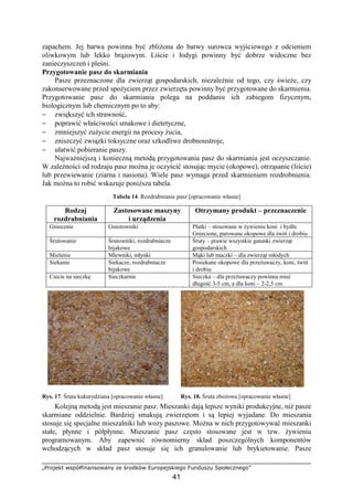 „Projekt współfinansowany ze środków Europejskiego Funduszu Społecznego”
41
zapachem. Jej barwa powinna być zbliŜona do barwy surowca wyjściowego z odcieniem
oliwkowym lub lekko brązowym. Liście i łodygi powinny być dobrze widoczne bez
zanieczyszczeń i pleśni.
Przygotowanie pasz do skarmiania
Pasze przeznaczone dla zwierząt gospodarskich, niezaleŜnie od tego, czy świeŜe, czy
zakonserwowane przed spoŜyciem przez zwierzęta powinny być przygotowane do skarmienia.
Przygotowanie pasz do skarmiania polega na poddaniu ich zabiegom fizycznym,
biologicznym lub chemicznym po to aby:
− zwiększyć ich strawność,
− poprawić właściwości smakowe i dietetyczne,
− zmniejszyć zuŜycie energii na procesy Ŝucia,
− zniszczyć związki toksyczne oraz szkodliwe drobnoustroje,
− ułatwić pobieranie paszy.
NajwaŜniejszą i konieczną metodą przygotowania pasz do skarmiania jest oczyszczanie.
W zaleŜności od rodzaju pasz moŜna je oczyścić stosując mycie (okopowe), otrząsanie (liście)
lub przewiewanie (ziarna i nasiona). Wiele pasz wymaga przed skarmieniem rozdrobnienia.
Jak moŜna to robić wskazuje poniŜsza tabela.
Tabela 14. Rozdrabnianie pasz [opracowanie własne]
Rodzaj
rozdrabniania
Zastosowane maszyny
i urządzenia
Otrzymany produkt – przeznaczenie
Gniecenie Gniotowniki Płatki – stosowane w Ŝywieniu koni i bydła
Gniecione, parowane okopowe dla świń i drobiu
Śrutowanie Śrutowniki, rozdrabniacze
bijakowe
Śruty – prawie wszystkie gatunki zwierząt
gospodarskich
Mielenie Mlewniki, młynki Mąki lub maczki – dla zwierząt młodych
Siekanie Siekacze, rozdrabniacze
bijakowe
Posiekane okopowe dla przeŜuwaczy, koni, świń
i drobiu
Ciecie na sieczkę Sieczkarnie Sieczka – dla przeŜuwaczy powinna mieć
długość 3-5 cm, a dla koni – 2-2,5 cm
Rys. 17. Śruta kukurydziana [opracowanie własne] Rys. 18. Śruta zboŜowa [opracowanie własne]
Kolejną metodą jest mieszanie pasz. Mieszanki dają lepsze wyniki produkcyjne, niŜ pasze
skarmiane oddzielnie. Bardziej smakują zwierzętom i są lepiej wyjadane. Do mieszania
stosuje się specjalne mieszalniki lub wozy paszowe. MoŜna w nich przygotowywać mieszanki
stałe, płynne i półpłynne. Mieszanie pasz często stosowane jest w tzw. Ŝywieniu
programowanym. Aby zapewnić równomierny skład poszczególnych komponentów
wchodzących w skład pasz stosuje się ich granulowanie lub brykietowanie. Pasze
 