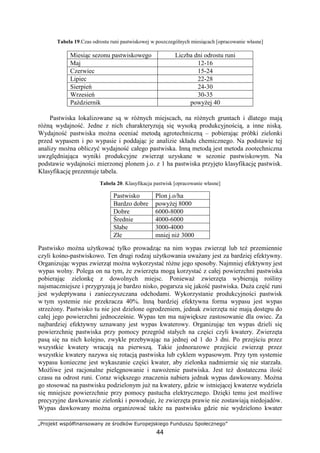 „Projekt współfinansowany ze środków Europejskiego Funduszu Społecznego”
44
Tabela 19.Czas odrostu runi pastwiskowej w poszczególnych miesiącach [opracowanie własne]
Miesiąc sezonu pastwiskowego Liczba dni odrostu runi
Maj 12-16
Czerwiec 15-24
Lipiec 22-28
Sierpień 24-30
Wrzesień 30-35
Październik powyŜej 40
Pastwiska lokalizowane są w róŜnych miejscach, na róŜnych gruntach i dlatego mają
róŜną wydajność. Jedne z nich charakteryzują się wysoką produkcyjnością, a inne niską.
Wydajność pastwiska moŜna oceniać metodą agrotechniczną – pobierając próbki zielonki
przed wypasem i po wypasie i poddając je analizie składu chemicznego. Na podstawie tej
analizy moŜna obliczyć wydajność całego pastwiska. Inną metodą jest metoda zootechniczna
uwzględniająca wyniki produkcyjne zwierząt uzyskane w sezonie pastwiskowym. Na
podstawie wydajności mierzonej plonem j.o. z 1 ha pastwiska przyjęto klasyfikację pastwisk.
Klasyfikację prezentuje tabela.
Tabela 20. Klasyfikacja pastwisk [opracowanie własne]
Pastwisko Plon j.o/ha
Bardzo dobre powyŜej 8000
Dobre 6000-8000
Średnie 4000-6000
Słabe 3000-4000
Złe mniej niŜ 3000
Pastwisko moŜna uŜytkować tylko prowadząc na nim wypas zwierząt lub teŜ przemiennie
czyli kośno-pastwiskowo. Ten drugi rodzaj uŜytkowania uwaŜany jest za bardziej efektywny.
Organizując wypas zwierząt moŜna wykorzystać róŜne jego sposoby. Najmniej efektywny jest
wypas wolny. Polega on na tym, Ŝe zwierzęta mogą korzystać z całej powierzchni pastwiska
pobierając zielonkę z dowolnych miejsc. PoniewaŜ zwierzęta wybierają rośliny
najsmaczniejsze i przygryzają je bardzo nisko, pogarsza się jakość pastwiska. DuŜa część runi
jest wydeptywana i zanieczyszczana odchodami. Wykorzystanie produkcyjności pastwisk
w tym systemie nie przekracza 40%. Inną bardziej efektywna forma wypasu jest wypas
strzeŜony. Pastwisko tu nie jest dzielone ogrodzeniem, jednak zwierzęta nie mają dostępu do
całej jego powierzchni jednocześnie. Wypas ten ma największe zastosowanie dla owiec. Za
najbardziej efektywny uznawany jest wypas kwaterowy. Organizując ten wypas dzieli się
powierzchnię pastwiska przy pomocy przegród stałych na części czyli kwatery. Zwierzęta
pasą się na nich kolejno, zwykle przebywając na jednej od 1 do 3 dni. Po przejściu przez
wszystkie kwatery wracają na pierwszą. Takie jednorazowe przejście zwierząt przez
wszystkie kwatery nazywa się rotacją pastwiska lub cyklem wypasowym. Przy tym systemie
wypasu konieczne jest wykaszanie części kwater, aby zielonka nadmiernie się nie starzała.
MoŜliwe jest racjonalne pielęgnowanie i nawoŜenie pastwiska. Jest teŜ dostateczna ilość
czasu na odrost runi. Coraz większego znaczenia nabiera jednak wypas dawkowany. MoŜna
go stosować na pastwisku podzielonym juŜ na kwatery, gdzie w istniejącej kwaterze wydziela
się mniejsze powierzchnie przy pomocy pastucha elektrycznego. Dzięki temu jest moŜliwe
precyzyjne dawkowanie zielonki i powoduje, Ŝe zwierzęta prawie nie zostawiają niedojadów.
Wypas dawkowany moŜna organizować takŜe na pastwisku gdzie nie wydzielono kwater
 