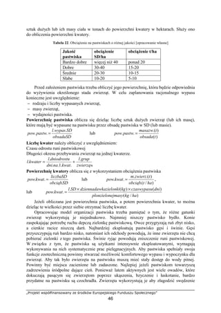„Projekt współfinansowany ze środków Europejskiego Funduszu Społecznego”
46
sztuk duŜych lub ich masy ciała w tonach do powierzchni kwatery w hektarach. SłuŜy ono
do obliczenia powierzchni kwatery.
Tabela 22. ObciąŜenie na pastwiskach o róŜnej jakości [opracowanie własne]
Jakość
pastwiska
obciąŜenie
SD/ha
obciąŜenie t/ha
Bardzo dobre więcej niŜ 40 ponad 20
Dobre 30-40 15-20
Średnie 20-30 10-15
Słabe 10-20 5-10
Przed załoŜeniem pastwiska trzeba obliczyć jego powierzchnię, która będzie odpowiednia
do wyŜywienia określonego stada zwierząt. W celu zaplanowania racjonalnego wypasu
konieczne jest uwzględnienie:
− rodzaju i liczby wypasanych zwierząt,
− masy zwierząt,
− wydajności pastwiska.
Powierzchnię pastwiska oblicza się dzieląc liczbę sztuk duŜych zwierząt (lub ich masę),
które mają być wypasane na pastwisku przez obsadę pastwiska w SD (lub masie).
obsadaSD
SDwypasl
pastwpow
..
.. = lub
)(
).(
..
tobsada
tmasazw
pastwpow =
Liczbę kwater naleŜy obliczyć z uwzględnieniem:
Czasu odrostu runi pastwiskowej
Długości okresu przebywania zwierząt na jednej kwaterze.
zwierząw
grupl
kwatnadni
dniodrostul
kwaterl
.
..1..
.
. +=
Powierzchnię kwatery oblicza się z wykorzystaniem obciąŜenia pastwiska
SDobciąb
liczbaSD
kwatpow
.
.. = lub
)/.(
).(.
..
hatobciąb
tzwierzm
kwatpow = ,
lub
)/(
)()(.
..
hakgejmasyplonzielon
dniczaswypasukgkazielonkidziennadawSDl
kwatpow
××
=
JeŜeli obliczana jest powierzchnia pastwiska, a potem powierzchnia kwater, to moŜna
dzieląc te wielkości przez siebie otrzymać liczbę kwater.
Opracowując model organizacji pastwiska trzeba pamiętać o tym, Ŝe róŜne gatunki
zwierząt wykorzystują je niejednakowo. Najmniej niszczy pastwisko bydło. Konie
zaspokajając potrzebę ruchu depczą zielonkę pastwiskową. Owce przygryzają ruń zbyt nisko,
a cienkie racice niszczą darń. Najbardziej eksploatują pastwisko gęsi i świnie. Gęsi
przyszczypują ruń bardzo nisko, natomiast ich odchody powodują, Ŝe inne zwierzęta nie chcą
pobierać zielonki z tego pastwiska. Świnie ryjąc powodują zniszczenie runi pastwiskowej.
W związku z tym, Ŝe pastwiska są uŜytkami intensywnie eksploatowanymi, wymagają
wykonywania na nich systematycznie prac pielęgnacyjnych. Aby pastwiska spełniały swoja
funkcje zootechniczną powinny stwarzać moŜliwość komfortowego wypasu i wypoczynku dla
zwierząt. Aby tak było zwierzęta na pastwisku muszą mieć stały dostęp do wody pitnej.
Powinny być miejsca zacienione lub zadaszone. Najlepiej jeŜeli pastwiskom towarzyszą
zadrzewienia śródpolne dające cień. PoniewaŜ latem aktywnych jest wiele owadów, które
dokuczają pasącym się zwierzętom poprzez ukąszenia, bzyczenie i łaskotanie, bardzo
przydatne na pastwisku są czochradła. Zwierzęta wykorzystują je aby złagodzić swędzenie
 
