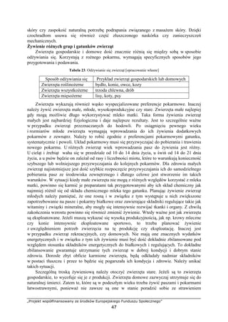 „Projekt współfinansowany ze środków Europejskiego Funduszu Społecznego”
47
skóry czy zaspokoić naturalną potrzebę podrapania związanego z masaŜem skóry. Dzięki
czochradłom usuwa się równieŜ część złuszczonego naskórka czy zanieczyszczeń
mechanicznych.
śywienie róŜnych grup i gatunków zwierząt
Zwierzęta gospodarskie i domowe dość znacznie róŜnią się między sobą w sposobie
odŜywiania się. Korzystają z roŜnego pokarmu, wymagają specyficznych sposobów jego
przygotowania i podawania.
Tabela 23. OdŜywianie się zwierząt [opracowanie własne]
Sposób odŜywiania się Przykład zwierząt gospodarskich lub domowych
Zwierzęta roślinoŜerne bydło, konie, owce, kozy
Zwierzęta wszystkoŜerne trzoda chlewna, drób
Zwierzęta mięsoŜerne lisy, koty, psy
Zwierzęta wykazują równieŜ wąsko wyspecjalizowane preferencje pokarmowe. Inaczej
naleŜy Ŝywić zwierzęta małe, młode, wysokoprodukcyjne czy stare. Zwierzęta małe najlepiej
gdy mogą moŜliwie długo wykorzystywać mleko matki. Taka forma Ŝywienia zwierząt
małych jest najbardziej fizjologiczna i daje najlepsze rezultaty. Jest to szczególnie waŜne
w przypadku zwierząt przeznaczanych do hodowli. Po osiągnięciu pewnego wieku
i rozmiarów młode zwierzęta wymagają wprowadzania do ich Ŝywienia dodatkowych
pokarmów z zewnątrz. NaleŜy to robić zgodnie z preferencjami pokarmowymi gatunku,
systematycznie i powoli. Układ pokarmowy musi się przyzwyczajać do pobierania i trawienia
nowego pokarmu. U róŜnych zwierząt wiek wprowadzania pasz do Ŝywienia jest róŜny.
U cieląt i źrebiąt waha się w przedziale od 10 do 14 dnia Ŝycia, u świń od 14 do 21 dnia
Ŝycia, a u psów będzie on zaleŜał od rasy i liczebności miotu, które to warunkują konieczność
szybszego lub wolniejszego przyzwyczajania do kolejnych pokarmów. Dla zdrowia małych
zwierząt najistotniejsze jest dość szybkie rozpoczęcie przyzwyczajania ich do samodzielnego
pobierania pasz ze środowiska zewnętrznego i dlatego celowe jest stworzenie im takich
warunków. W sytuacji kiedy małe zwierzęta nie mogą z róŜnych względów korzystać z mleka
matki, powinno się karmić je preparatami tak przygotowanymi aby ich skład chemiczny jak
najmniej róŜnił się od składu chemicznego mleka tego gatunku. Planując Ŝywienie zwierząt
młodych naleŜy pamiętać, Ŝe one rosną i w związku z tym występuje u nich zwiększone
zapotrzebowanie na pasze i pokarmy białkowe oraz zawierające składniki regulujące takie jak
witaminy i związki mineralne, aby mogły się intensywnie rozwijać tkanki i organy. Z chwilą
zakończenia wzrostu powinno się równieŜ zmienić Ŝywienie. Wtedy waŜne jest jak zwierzęta
są eksploatowane. JeŜeli muszą wykazać się wysoką produkcyjnością, jak np. krowy mleczne
czy konie intensywnie eksploatowane sportowo, to trzeba planować Ŝywienie
z uwzględnieniem potrzeb zwierzęcia na tę produkcję czy eksploatację. Inaczej jest
w przypadku zwierząt rekreacyjnych, czy domowych. Nie mają one znacznych wydatków
energetycznych i w związku z tym ich Ŝywienie musi być dość dokładnie zbilansowane pod
względem stosunku składników energetycznych do białkowych i regulujących. To dokładne
zbilansowanie gwarantuje utrzymanie tych zwierząt w dobrej kondycji i dobrym stanie
zdrowia. Dorosłe zbyt obficie karmione zwierzęta, będą odkładały nadmiar składników
w postaci tłuszczu i przez to będzie się pogarszała ich kondycja i zdrowie. NaleŜy unikać
takich sytuacji.
Szczególną troską Ŝywieniową naleŜy otoczyć zwierzęta stare. JeŜeli są to zwierzęta
gospodarskie, to wycofuje się je z produkcji. Zwierzęta domowe zazwyczaj utrzymuje się do
naturalnej śmierci. Zatem te, które są w podeszłym wieku trzeba Ŝywić paszami i pokarmami
łatwostrawnymi, poniewaŜ nie zawsze są one w stanie poradzić sobie ze strawieniem
 