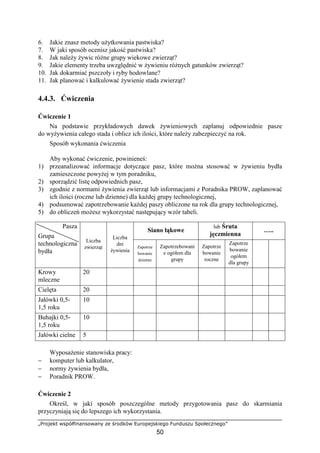 „Projekt współfinansowany ze środków Europejskiego Funduszu Społecznego”
50
6. Jakie znasz metody uŜytkowania pastwiska?
7. W jaki sposób ocenisz jakość pastwiska?
8. Jak naleŜy Ŝywic róŜne grupy wiekowe zwierząt?
9. Jakie elementy trzeba uwzględnić w Ŝywieniu róŜnych gatunków zwierząt?
10. Jak dokarmiać pszczoły i ryby hodowlane?
11. Jak planować i kalkulować Ŝywienie stada zwierząt?
4.4.3. Ćwiczenia
Ćwiczenie 1
Na podstawie przykładowych dawek Ŝywieniowych zaplanuj odpowiednie pasze
do wyŜywienia całego stada i oblicz ich ilości, które naleŜy zabezpieczyć na rok.
Sposób wykonania ćwiczenia
Aby wykonać ćwiczenie, powinieneś:
1) przeanalizować informacje dotyczące pasz, które moŜna stosować w Ŝywieniu bydła
zamieszczone powyŜej w tym poradniku,
2) sporządzić listę odpowiednich pasz,
3) zgodnie z normami Ŝywienia zwierząt lub informacjami z Poradnika PROW, zaplanować
ich ilości (roczne lub dzienne) dla kaŜdej grupy technologicznej,
4) podsumować zapotrzebowanie kaŜdej paszy obliczone na rok dla grupy technologicznej,
5) do obliczeń moŜesz wykorzystać następujący wzór tabeli.
Siano łąkowe
lub Śruta
jęczmienna
…..
Pasza
Grupa
technologiczna
bydła
Liczba
zwierząt
Liczba
dni
Ŝywienia
Zapotrze
bowanie
dzienne
Zapotrzebowani
e ogółem dla
grupy
Zapotrze
bowanie
roczne
Zapotrze
bowanie
ogółem
dla grupy
Krowy
mleczne
20
Cielęta 20
Jałówki 0,5-
1,5 roku
10
Buhajki 0,5-
1,5 roku
10
Jałówki cielne 5
WyposaŜenie stanowiska pracy:
− komputer lub kalkulator,
− normy Ŝywienia bydła,
− Poradnik PROW.
Ćwiczenie 2
Określ, w jaki sposób poszczególne metody przygotowania pasz do skarmiania
przyczyniają się do lepszego ich wykorzystania.
 