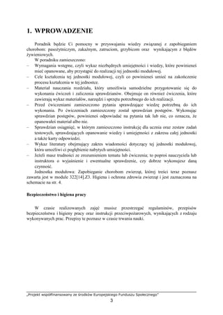 „Projekt współfinansowany ze środków Europejskiego Funduszu Społecznego”
3
1. WPROWADZENIE
Poradnik będzie Ci pomocny w przyswajaniu wiedzy związanej z zapobieganiem
chorobom: pasoŜytniczym, zakaźnym, zatruciom, grzybicom oraz wynikającym z błędów
Ŝywieniowych.
W poradniku zamieszczono:
– Wymagania wstępne, czyli wykaz niezbędnych umiejętności i wiedzy, które powinieneś
mieć opanowane, aby przystąpić do realizacji tej jednostki modułowej.
– Cele kształcenia tej jednostki modułowej, czyli co powinieneś umieć na zakończenie
procesu kształcenia w tej jednostce.
– Materiał nauczania rozdziału, który umoŜliwia samodzielne przygotowanie się do
wykonania ćwiczeń i zaliczenia sprawdzianów. Obejmuje on równieŜ ćwiczenia, które
zawierają wykaz materiałów, narzędzi i sprzętu potrzebnego do ich realizacji.
– Przed ćwiczeniami zamieszczono pytania sprawdzające wiedzę potrzebną do ich
wykonania. Po ćwiczeniach zamieszczony został sprawdzian postępów. Wykonując
sprawdzian postępów, powinieneś odpowiadać na pytania tak lub nie, co oznacza, Ŝe
opanowałeś materiał albo nie.
– Sprawdzian osiągnięć, w którym zamieszczono instrukcję dla ucznia oraz zestaw zadań
testowych, sprawdzających opanowanie wiedzy i umiejętności z zakresu całej jednostki
a takŜe karty odpowiedzi.
– Wykaz literatury obejmujący zakres wiadomości dotyczący tej jednostki modułowej,
która umoŜliwi ci pogłębienie nabytych umiejętności.
– JeŜeli masz trudności ze zrozumieniem tematu lub ćwiczenia; to poproś nauczyciela lub
instruktora o wyjaśnienie i ewentualne sprawdzenie, czy dobrze wykonujesz daną
czynność.
Jednostka modułowa: Zapobieganie chorobom zwierząt, której treści teraz poznasz
zawarta jest w module 322[14].Z3. Higiena i ochrona zdrowia zwierząt i jest zaznaczona na
schemacie na str. 4.
Bezpieczeństwo i higiena pracy
W czasie realizowanych zajęć musisz przestrzegać regulaminów, przepisów
bezpieczeństwa i higieny pracy oraz instrukcji przeciwpoŜarowych, wynikających z rodzaju
wykonywanych prac. Przepisy te poznasz w czasie trwania nauki.
 