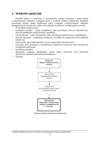 „Projekt współfinansowany ze środków Europejskiego Funduszu Społecznego”
3
1. WPROWADZENIE
Poradnik będzie Ci pomocny w przyswajaniu wiedzy związanej z planowaniem
i wykonywaniem zabiegów zoohigienicznych u zwierząt. Poprzez studiowanie poradnika
powinieneś poznać zasady bezpiecznej pracy związanej z wykonywaniem zabiegów
pielęgnacyjnych zwierząt oraz wpływ tych zabiegów na zdrowie i produkcyjność zwierząt.
W poradniku zamieszczono:
− wymagania wstępne – wykaz umiejętności, jakie powinieneś mieć juŜ ukształtowane,
abyś bez problemów mógł korzystać z poradnika,
− cele kształcenia – wykaz umiejętności, jakie ukształtujesz podczas pracy z poradnikiem,
− materiał nauczania – wiadomości teoretyczne niezbędne do opanowania treści jednostki
modułowej,
− zestaw pytań, abyś mógł sprawdzić, czy juŜ opanowałeś określone treści,
− ćwiczenia, które pomogą Ci zweryfikować wiadomości teoretyczne oraz ukształtować
umiejętności praktyczne,
− sprawdzian postępów,
− sprawdzian osiągnięć, przykładowy zestaw zadań. Zaliczenie testu potwierdzi
opanowanie materiału całej jednostki modułowej,
− literaturę.
Schemat układu jednostek modułowych
322[14].Z3.01
Zapobieganie chorobom
zwierząt
322[14].Z3.02
Przestrzeganie higieny chowu
i Ŝywienia zwierząt
322[14].Z3.03
Planowanie i wykonywanie
zabiegów zoohigienicznych
u zwierząt
322[14].Z3
Higiena i ochrona zdrowia
zwierząt
 