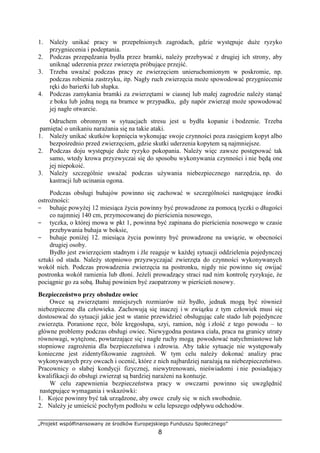 „Projekt współfinansowany ze środków Europejskiego Funduszu Społecznego”
8
1. NaleŜy unikać pracy w przepełnionych zagrodach, gdzie występuje duŜe ryzyko
przygniecenia i podeptania.
2. Podczas przepędzania bydła przez bramki, naleŜy przebywać z drugiej ich strony, aby
uniknąć uderzenia przez zwierzęta próbujące przejść.
3. Trzeba uwaŜać podczas pracy ze zwierzęciem unieruchomionym w poskromie, np.
podczas robienia zastrzyku, itp. Nagły ruch zwierzęcia moŜe spowodować przygniecenie
ręki do barierki lub słupka.
4. Podczas zamykania bramki za zwierzętami w ciasnej lub małej zagrodzie naleŜy stanąć
z boku lub jedną nogą na bramce w przypadku, gdy napór zwierząt moŜe spowodować
jej nagłe otwarcie.
Odruchem obronnym w sytuacjach stresu jest u bydła kopanie i bodzenie. Trzeba
pamiętać o unikaniu naraŜania się na takie ataki.
1. NaleŜy unikać skutków kopnięcia wykonując swoje czynności poza zasięgiem kopyt albo
bezpośrednio przed zwierzęciem, gdzie skutki uderzenia kopytem są najmniejsze.
2. Podczas doju występuje duŜe ryzyko pokopania. NaleŜy więc zawsze postępować tak
samo, wtedy krowa przyzwyczai się do sposobu wykonywania czynności i nie będą one
jej niepokoić.
3. NaleŜy szczególnie uwaŜać podczas uŜywania niebezpiecznego narzędzia, np. do
kastracji lub ucinania ogona.
Podczas obsługi buhajów powinno się zachować w szczególności następujące środki
ostroŜności:
−−−− buhaje powyŜej 12 miesiąca Ŝycia powinny być prowadzone za pomocą tyczki o długości
co najmniej 140 cm, przymocowanej do pierścienia nosowego,
−−−− tyczka, o której mowa w pkt 1, powinna być zapinana do pierścienia nosowego w czasie
przebywania buhaja w boksie,
−−−− buhaje poniŜej 12. miesiąca Ŝycia powinny być prowadzone na uwiązie, w obecności
drugiej osoby.
Bydło jest zwierzęciem stadnym i źle reaguje w kaŜdej sytuacji oddzielenia pojedynczej
sztuki od stada. NaleŜy stopniowo przyzwyczajać zwierzęta do czynności wykonywanych
wokół nich. Podczas prowadzenia zwierzęcia na postronku, nigdy nie powinno się owijać
postronka wokół ramienia lub dłoni. JeŜeli prowadzący straci nad nim kontrolę ryzykuje, Ŝe
pociągnie go za sobą. Buhaj powinien być zaopatrzony w pierścień nosowy.
Bezpieczeństwo przy obsłudze owiec
Owce są zwierzętami mniejszych rozmiarów niŜ bydło, jednak mogą być równieŜ
niebezpieczne dla człowieka. Zachowują się inaczej i w związku z tym człowiek musi się
dostosować do sytuacji jakie jest w stanie przewidzieć obsługując całe stado lub pojedyncze
zwierzęta. Poranione ręce, bóle kręgosłupa, szyi, ramion, nóg i złość z tego powodu – to
główne problemy podczas obsługi owiec. Niewygodna postawa ciała, praca na granicy utraty
równowagi, wytęŜone, powtarzające się i nagłe ruchy mogą powodować natychmiastowe lub
stopniowe zagroŜenia dla bezpieczeństwa i zdrowia. Aby takie sytuacje nie występowały
konieczne jest zidentyfikowanie zagroŜeń. W tym celu naleŜy dokonać analizy prac
wykonywanych przy owcach i ocenić, które z nich najbardziej naraŜają na niebezpieczeństwo.
Pracownicy o słabej kondycji fizycznej, niewytrenowani, nieświadomi i nie posiadający
kwalifikacji do obsługi zwierząt są bardziej naraŜeni na kontuzje.
W celu zapewnienia bezpieczeństwa pracy w owczarni powinno się uwzględnić
następujące wymagania i wskazówki:
1. Kojce powinny być tak urządzone, aby owce czuły się w nich swobodnie.
2. NaleŜy je umieścić pochyłym podłoŜu w celu lepszego odpływu odchodów.
 
