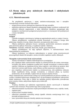 „Projekt współfinansowany ze środków Europejskiego Funduszu Społecznego”
27
4.3. Ocena mięsa przy niektórych chorobach i odchyleniach
jakościowych
4.3.1. Materiał nauczania
Na przydatność spoŜywczą i ocenę sanitarno-weterynaryjną tusz i narządów
wewnętrznych zwierząt rzeźnych maja wpływ:
− niespecyficzne procesy patologiczne organizmu lub jego narządów,
− odchylenia jakościowe tkanek charakteru endogennego będące wynikiem wrodzonych lub
nabytych zaburzeń organicznych, a takŜe odchylenia charakteru egzogennego jako
następstwo niewłaściwych postępowań przyŜyciowych ze zwierzęciem lub poubojowych
z tuszą i narządami.
Przykłady:
Wzdęcie
Choroba występuje u przeŜuwaczy i polega na nagromadzeniu gazów w czepcu i Ŝwaczu.
Objawy przedubojowe: wysklepienie powłok brzusznych, a zwłaszcza lewego dołu
głodowego, niepokój zwierząt, objawy duszności, przyspieszenia akcji serca.
Objawy poubojowe: pęknięcia Ŝwacza i przepony, przekrwienie zastoinowe narządów
jamy piersiowej (płuca) i brzusznej, z wyjątkiem wątroby i śledziony.
Nowotwory: mięśniaki, włókniaki, tłuszczaki, śluzaki, guzy białaczkowe.
Objawy przedubojowe: nie dają ogólnych objawów, w zaawansowanym stanie
doprowadzają do wychudzenia.
Objawy poubojowe: są widoczne makroskopowo w postaci zmian nowotworowych
poszczególnych tkanek lub narządów, moŜna stwierdzić zapalenie węzłów chłonnych.
Niezupełne wykrwawienia i brak wykrwawienia
Zmiany stwierdzane w badaniu makroskopowym są następujące:
− przy zupełnym braku wykrwawienia mięśnie są ciemnoczerwone do czarno czerwonego,
wszystkie Ŝyły skórne i podskórne są pełne krwi, narządy wewnętrzne a zwłaszcza płuca,
wątroba i śledziona są wypełnione krwią, która wypływa z nich obficie po nacięciu, duŜe
ilości krwi zawiera szpik kostny, węzły chłonne są silnie nacieczone i przekrwione,
− przy niepełnym wykrwawieniu mięśnie są ciemnoczerwone, Ŝyły podskórne widoczne
dzięki wypełnieniu krwią, narządy wewnętrzne, a zwłaszcza płuca, są wyraźnie
przekrwione, ale nie obrzękłe, wypływ krwi po nacięciu mięśnia Ŝwacza.
Mięso niedostatecznie wykrwawione cechuje się wyraźną podatnością na procesy rozkładu, co
wynika z działania buforowego zalegającej krwi, nie pozwalającej na poubojowe zakwaszenie
tkanki mięśniowej. Prócz tego w mięsie nie zachodzą procesy dojrzewania, powodowane
przez enzymy własne, uaktywniane dopiero przy niskim pH.
Wodnica
Wodnicą określane jest nadmierne nagromadzenie płynów surowiczych w tkankach
i jamach ciała zwierzęcia. Przyczynami tego stanu są najczęściej:
− zaburzenia krąŜenia wywoływane zwykle przewlekłymi chorobami serca, wątroby i nerek,
− zapalenie płuc,
− niedoŜywienie (niedobór białka),
− zaburzenia gospodarki mineralnej ustroju (spadek ciśnienia osmotycznego krwi i jej
przesięki pozanaczyniowe),
− ostre i przewlekłe toksyczne choroby zakaźne oraz inwazyjne,
 