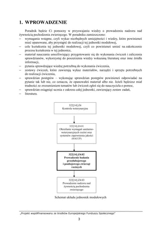 „Projekt współfinansowany ze środków Europejskiego Funduszu Społecznego”
3
1. WPROWADZENIE
Poradnik będzie Ci pomocny w przyswajaniu wiedzy o prowadzeniu nadzoru nad
Ŝywnością pochodzenia zwierzęcego. W poradniku zamieszczono:
− wymagania wstępne, czyli wykaz niezbędnych umiejętności i wiedzy, które powinieneś
mieć opanowane, aby przystąpić do realizacji tej jednostki modułowej,
− cele kształcenia tej jednostki modułowej, czyli co powinieneś umieć na zakończenie
procesu kształcenia w tej jednostce,
− materiał nauczania umoŜliwiający przygotowanie się do wykonania ćwiczeń i zaliczenia
sprawdzianów, wykorzystaj do poszerzenia wiedzy wskazaną literaturę oraz inne źródła
informacji,
− pytania sprawdzające wiedzę potrzebną do wykonania ćwiczenia,
− zestawy ćwiczeń, które zawierają wykaz materiałów, narzędzi i sprzętu potrzebnych
do realizacji ćwiczenia,
− sprawdzian postępów – wykonując sprawdzian postępów powinieneś odpowiadać na
pytanie tak lub nie, co oznacza, Ŝe opanowałeś materiał albo nie. JeŜeli będziesz miał
trudności ze zrozumieniem tematów lub ćwiczeń zgłoś się do nauczyciela o pomoc,
− sprawdzian osiągnięć ucznia z zakresu całej jednostki, zawierający zestaw zadań,
− literatura.
Schemat układu jednostek modułowych
322[14].Z4.01
Określanie wymagań sanitarno-
weterynaryjnych rzeźni oraz
systemów zapewnienia jakości
(HACCP)
322[14].Z4.02
Prowadzenie badania
przedubojowego
i poubojowego zwierząt
rzeźnych
322[14].Z4.03
Prowadzenie nadzoru nad
Ŝywnością pochodzenia
zwierzęcego
322[14].Z4
Kontrola weterynaryjna
 
