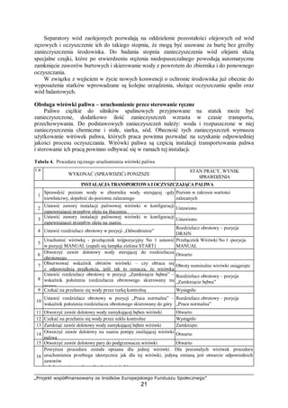 „Projekt współfinansowany ze środków Europejskiego Funduszu Społecznego”
21
Rys. 3. Wymiary określające luzy uszczelnienia przejścia wału
pośredniego przez grodzie: A – średnica zewnętrzna dławika,
A1 – średnica wewnętrzna kadłuba dławnicy, B – średnica wału,
B1 – średnica wewnętrzna dławika, C – średnica wewnętrzna tulei
oporowej dławnicy [9, s. 560]
Po postawieniu statku w doku przeprowadza się oględziny i pomiary tych elementów linii
wałów, których nie można było weryfikować na statku zwodowanym. Chodzi tu przede
wszystkim o pomiary szczelinomierzem luzów promieniowych w łożyskach i dławnicy pochwy
wału śrubowego oraz w łożyskach wsporników. Ponadto sprawdza się prawidłowość
osadzenia i zamocowania śruby napędowej, włącznie z pomiarem długości stożka wału za
piastą śruby od strony dziobowej, dla oceny możliwości pasowania śruby na stożku wału.
W celu oceny zakresu naprawy wyniki pomiarów luzów w łożyskach wsporników
i pochwy oraz dławnicy porównuje się z dopuszczalną wartością luzów wynikającą
z dokumentacji linii wałów.
Wartość luzu montażowego dla średnicy wału nie podanej w tablicach można obliczyć
według wzoru np. dla łożysk ze stopem cynowym L = (0,001d + 0,5) mm.
Przy prędkości obwodowej wału do 5 m/s w łożyskach pochwy i wsporników zamiast
listew z drewna gwajakowego można stosować listwy z tak zwanego lignofolu, to jest
laminatu
fenolowo-formaldehydowego zbrojonego fornirem z drewna brzozowego. Dopuszczalne luzy
przyjmuje się dla tych łożysk analogicznie jak dla łożysk wylanych stopem o osnowie cyny
spełniającej rolę smaru. Na wał śrubowy pracujący w tulejach gumowych nakładane są na
gorąco tuleje brązowe, które przy zużyciu wymienia się.
Przy przeglądzie dławnicy pochwy wału śrubowego ustala się:
– ewentualne zgięcie kołnierza dławika,
– pęknięcia tulei prowadzącej i dławika,
– zużycie szczeliwa,
– stan śrub i nakrętek dławika.
Luzy mierzy się szczelinomierzem w płaszczyznach poziomej i pionowej, po obu stronach
wału śrubowego.
Ostatnim etapem ustalenia stanu linii wału jest weryfikacja jej elementów w warsztacie
stoczniowym po wymontowaniu ich ze statku.
 