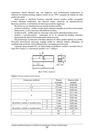 „Projekt współfinansowany ze środków Europejskiego Funduszu Społecznego”
26
temperatury obniża udarność (np. stal węglowa), przy podwyższanej temperaturze ta
zależność ma zmienny przebieg, najpierw rośnie, do ok. 150ºC, następnie nie zmienia się, dalej
gwałtownie spada.
Dużą pomoc w określeniu kruchości materiału stanowi przełom próbki, szczególnie
w miarę obniżania temperatury, gdy udarność maleje, obserwuje się charakterystyczny
błyszczący przełom, w odróżnieniu od matowego przełomu ciągliwego.
Rozróżnia się trzy charakterystyczne rodzaje przełomu próbki:
- przełom rozdzielczy – próbka została zgięta, pęknięcie nastąpiło po przekroczeniu granicy
plastyczności, tj. przy znacznym odkształceniu trwałym,
- przełom kruchy – próbka pęka nie wykazując widocznych odkształceń plastycznych,
- przełom z rozwarstwieniem – wskazujący na to, że materiał był poddany przeróbce
plastycznej (np. zgniot) lub posiada pasma zanieczyszczeń.
Dla poprawnego wyznaczenia wskaźnika udarności K należy poddać badaniu trzy próbki.
Wszystkie spostrzeżenia dotyczące wyglądu próbki po odbytym badaniu odbiegające od
standardowego przełomu, dyskwalifikują próbę i wymagają jej powtórzenia.
Udarność (pracę łamania) KU, [J], należy badać na próbkach z karbem w kształcie litery U
(typu ISO–Charpy U), wykonanych zgodnie z rys.7 i tabelą 4.
Rys.7. Próbka z karbem U
Tabela 4. Wymiary próbek do prób udaności
Oznaczenie wielkości Wymiar
nominalny
Dopuszczalne
odchyłki
L 55 mm ±0,60 mm
L/2 27,5 mm ±0.42 mm
a 10 mm ±0,06 mm
10 mm ±0,11 mm
7.5 mm ±0,11 mmb
5 mm ±0,06 mm
U 5 mm ±0,09 mmh
dla próbek z karbem w kształcie litery: V 8 mm ±0,06 mm
U 1 mm ±0,07 mmr
dla próbek z karbem w kształcie litery: V 0,25 mm ±0,025 mm
γ 45° ±2°
θ 90° ±2°
 
