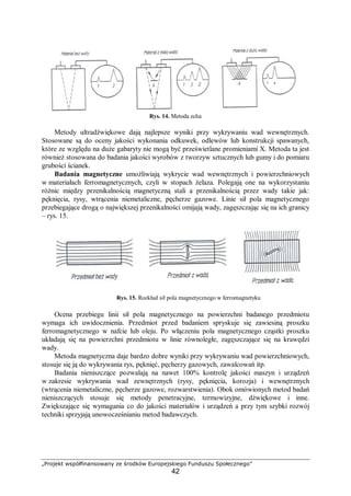 „Projekt współfinansowany ze środków Europejskiego Funduszu Społecznego”
42
Rys. 14. Metoda echa
Metody ultradźwiękowe dają najlepsze wyniki przy wykrywaniu wad wewnętrznych.
Stosowane są do oceny jakości wykonania odkuwek, odlewów lub konstrukcji spawanych,
które ze względu na duże gabaryty nie mogą być prześwietlane promieniami X. Metoda ta jest
również stosowana do badania jakości wyrobów z tworzyw sztucznych lub gumy i do pomiaru
grubości ścianek.
Badania magnetyczne umożliwiają wykrycie wad wewnętrznych i powierzchniowych
w materiałach ferromagnetycznych, czyli w stopach żelaza. Polegają one na wykorzystaniu
różnic między przenikalnością magnetyczną stali a przenikalnością przez wady takie jak:
pęknięcia, rysy, wtrącenia niemetaliczne, pęcherze gazowe. Linie sił pola magnetycznego
przebiegające drogą o największej przenikalności omijają wady, zagęszczając się na ich granicy
– rys. 15.
Ocena przebiegu linii sił pola magnetycznego na powierzchni badanego przedmiotu
wymaga ich uwidocznienia. Przedmiot przed badaniem spryskuje się zawiesiną proszku
ferromagnetycznego w nafcie lub oleju. Po włączeniu pola magnetycznego cząstki proszku
układają się na powierzchni przedmiotu w linie równoległe, zagęszczające się na krawędzi
wady.
Metoda magnetyczna daje bardzo dobre wyniki przy wykrywaniu wad powierzchniowych,
stosuje się ją do wykrywania rys, pęknięć, pęcherzy gazowych, zawalcowań itp.
Badania nieniszczące pozwalają na nawet 100% kontrolę jakości maszyn i urządzeń
w zakresie wykrywania wad zewnętrznych (rysy, pęknięcia, korozja) i wewnętrznych
(wtrącenia niemetaliczne, pęcherze gazowe, rozwarstwienia). Obok omówionych metod badań
nieniszczących stosuje się metody penetracyjne, termowizyjne, dźwiękowe i inne.
Zwiększające się wymagania co do jakości materiałów i urządzeń a przy tym szybki rozwój
techniki sprzyjają unowocześnianiu metod badawczych.
Rys. 15. Rozkład sił pola magnetycznego w ferromagnetyku
 