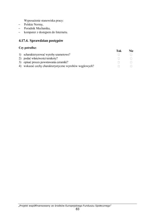 „Projekt współfinansowany ze środków Europejskiego Funduszu Społecznego”
83
Wyposażenie stanowiska pracy:
− Polskie Normy,
− Poradnik Mechanika,
− komputer z dostępem do Internetu.
4.17.4. Sprawdzian postępów
Czy potrafisz:
Tak Nie
1) scharakteryzować wyroby szamotowe?  
2) podać właściwości terakoty?  
3) opisać proces powstawania ceramiki?  
4) wskazać cechy charakterystyczne wyrobów węglowych?  
 