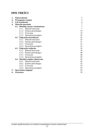 „Projekt współfinansowany ze środków Europejskiego Funduszu Społecznego”
2
SPIS TREŚCI
1. Wprowadzenie 3
2. Wymagania wstępne 5
3. Cele kształcenia 6
4. Materiał nauczania 7
4.1. Obróbka ręczna i mechaniczna 7
4.1.1. Materiał nauczania 7
4.1.2. Pytania sprawdzające 19
4.1.3. Ćwiczenia 19
4.1.4. Sprawdzian postępów 22
4.2. Połączenia nierozłączne 25
4.2.1. Materiał nauczania 25
4.2.2. Pytania sprawdzające 31
4.2.3. Ćwiczenia 31
4.2.4. Sprawdzian postępów 33
4.3. Połączenia rozłączne 34
4.3.1. Materiał nauczania 34
4.3.2. Pytania sprawdzające 40
4.3.3. Ćwiczenia 40
4.3.4. Sprawdzian postępów 42
4.4. Obróbka cieplna i plastyczna 43
4.4.1. Materiał nauczania 43
4.4.2. Pytania sprawdzające 52
4.4.3. Ćwiczenia 52
4.4.4. Sprawdzian postępów 53
5. Sprawdzian osiągnięć 54
6. Literatura 59
 