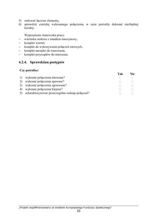 „Projekt współfinansowany ze środków Europejskiego Funduszu Społecznego”
33
5) znitować łączone elementy,
6) sprawdzić estetykę wykonanego połączenia, w razie potrzeby dokonać niezbędnej
korekty.
Wyposażenie stanowiska pracy:
− wiertarka stołowa z imadłem maszynowy,
− komplet wierteł,
− komplet do wykonywania połączeń nitowych,
− komplet narzędzi do trasowania,
− komplet przyrządów do mierzenia.
4.2.4. Sprawdzian postępów
Czy potrafisz:
Tak Nie
1) wykonać połączenia nitowane?  
2) wykonać połączenia spawane?  
3) wykonać połączenia zgrzewane?  
4) wykonać połączenia klejone?  
5) scharakteryzować poszczególne rodzaje połączeń?  
 