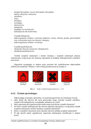 „Projekt współfinansowany ze środków Europejskiego Funduszu Społecznego”
28
− skrajnie łatwopalne, wysoce łatwopalne, łatwopalne,
− bardzo toksyczne, toksyczne,
− szkodliwe,
− żrące,
− drażniące,
− uczulające,
− rakotwórcze,
− mutagenne,
− działające na rozrodczość,
− niebezpieczne dla środowiska.
Czynniki biologiczne:
− mikroorganizmy roślinne i zwierzęce (bakterie, wirusy, riketsje, grzyby, pierwotniaki)
oraz wytwarzane przez nie toksyny i alergeny,
− makroorganizmy roślinne i zwierzęce.
Czynniki psychofizyczne:
− obciążenie fizyczne (statyczne i dynamiczne),
− obciążenie psychonerwowe.
Technik urządzeń sanitarnych i monter instalacji i urządzeń sanitarnych podczas
wykonywania swojej pracy jest narażony najczęściej na działanie niebezpiecznych czynników
urazowych.
Zagrożenie występujące w miejscu pracy powinno być symbolizowane odpowiednim
znakiem lub symbolem. Niektóre z nich zostały przedstawione na rysunku 4.
Rys. 4. Znaki i symbole bezpieczeństwa [11, s. 37]
4.4.2. Pytania sprawdzające
Odpowiadając na pytania, sprawdzisz, czy jesteś przygotowany do wykonania ćwiczeń.
1. Jakie skutki dla zdrowia lub życia pracownika mogą wywołać czynniki szkodliwe,
uciążliwe lub niebezpieczne w przypadku zetknięcia się z nimi?
2. Jakie zagrożenia dla organizmu pracownika mogą wywoływać czynniki chemiczne?
3. Na które czynniki niebezpieczne dla zdrowia napotyka najczęściej w swojej pracy technik
urządzeń sanitarnych i monter instalacji i urządzeń sanitarnych?
4. Który z czynników fizycznych może szkodzić zdrowiu technika urządzeń sanitarnych?
5. W jaki sposób należy sygnalizować zagrożenia substancjami szkodliwymi w miejscu
pracy?
 