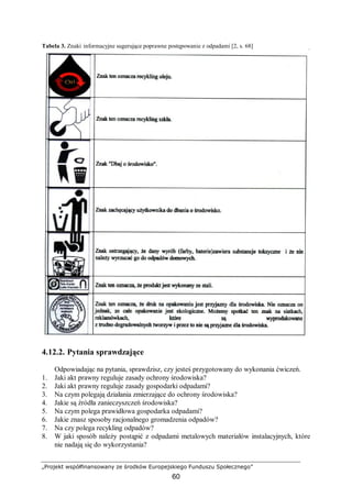 „Projekt współfinansowany ze środków Europejskiego Funduszu Społecznego”
60
Tabela 3. Znaki informacyjne sugerujące poprawne postępowanie z odpadami [2, s. 68]
4.12.2. Pytania sprawdzające
Odpowiadając na pytania, sprawdzisz, czy jesteś przygotowany do wykonania ćwiczeń.
1. Jaki akt prawny reguluje zasady ochrony środowiska?
2. Jaki akt prawny reguluje zasady gospodarki odpadami?
3. Na czym polegają działania zmierzające do ochrony środowiska?
4. Jakie są źródła zanieczyszczeń środowiska?
5. Na czym polega prawidłowa gospodarka odpadami?
6. Jakie znasz sposoby racjonalnego gromadzenia odpadów?
7. Na czy polega recykling odpadów?
8. W jaki sposób należy postąpić z odpadami metalowych materiałów instalacyjnych, które
nie nadają się do wykorzystania?
 