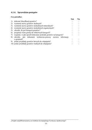„Projekt współfinansowany ze środków Europejskiego Funduszu Społecznego”
11
4.1.4. Sprawdzian postępów
Czy potrafisz:
Tak Nie
1) dokonać klasyfikacji gruntów?  
2) wymienić nazwy gruntów skalistych?  
3) wymienić nazwy gruntów nieskalistych mineralnych?  
4) wymienić nazwy gruntów nieskalistych organicznych?  
5) określić, ile jest kategorii gruntów?  
6) przypisać różne grunty do właściwych kategorii?  
7) wyjaśnić, w jaki sposób dokonano podziału gruntów na kategorie?  
8) określić, jaki dokument techniczno-prawny zawiera informacje
o gruntach?  
9) podać przykłady gruntów łatwych do odspajania?  
10) podać przykłady gruntów trudnych do odspajania?  
 
