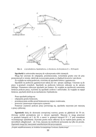 „Projekt współfinansowany ze środków Europejskiego Funduszu Społecznego”
22
Rys. 6. a) przedsiębierna, b)podsiębierna, c) zbierakowa, d) chwytakowa [5, s. 48] Koparki
Spycharki to uniwersalne maszyny do wykonywania robót ziemnych.
Mogą być używane do odspajania, przemieszczania, rozścielania gruntu oraz do prac
pomocniczych w terenie, takich jak oczyszczanie gruntu ze zbędnych krzewów i pni drzew.
Ze względu na rodzaj podwozia, rozróżnia się spycharki kołowe i gąsienicowe.
Spycharki na podwoziu gąsienicowym należą do tzw. sprzętu ciężkiego. Używane są do
pracy w gruntach zwięzłych. Spycharki na podwoziu kołowym zaliczane są do sprzętu
lekkiego. Elementem roboczym spycharki jest lemiesz. Ze względu na możliwości ustawienia
lemiesza podczas pracy, wyróżnia się spycharki czołowe i uniwersalne. Ze względu na napęd
lemiesza, spycharki dzieli się na mechaniczne i hydrauliczne.
Praca spycharki polega na:
– odspojeniu gruntu lemieszem,
– przemieszczaniu urobku przed lemieszem na miejsce zwałowania,
– powrocie i ponownym rozpoczęciu czynności.
Ponieważ czynności podczas pracy powtarzają się, spycharka nazywana jest maszyną
o pracy cyklicznej.
Zgarniarki służą do skrawania zewnętrznej warstwy gruntu na głębokość do 30 cm.
Zerwany urobek gromadzony jest w skrzyni zgarniarki. Maszyny te mogą pracować
w gruntach kategorii od I do III, a nawet w gruntach kategorii IV i V pod warunkiem
wcześniejszego spulchnienia. Zrywanie gruntu może odbywać się na wąskim pasie gruntu, na
niewielkich odległościach – do 2 km, maszyna ma możliwość poruszania się tylko do przodu.
Zgarniarki mogą być maszynami samobieżnymi lub przyczepnymi.
 