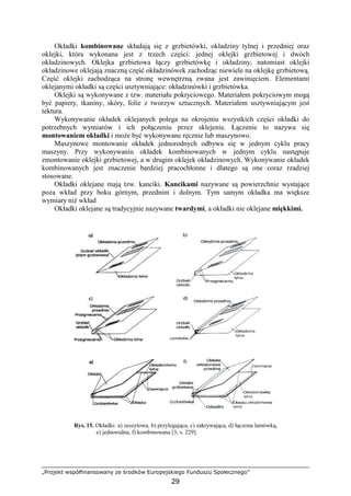 „Projekt współfinansowany ze środków Europejskiego Funduszu Społecznego”
29
Okładki kombinowane składają się z grzbietówki, okładziny tylnej i przedniej oraz
oklejki, która wykonana jest z trzech części: jednej oklejki grzbietowej i dwóch
okładzinowych. Oklejka grzbietowa łączy grzbietówkę i okładziny, natomiast oklejki
okładzinowe oklejają znaczną część okładzinówek zachodząc niewiele na oklejkę grzbietową.
Część oklejki zachodząca na stronę wewnętrzną zwana jest zawinięciem. Elementami
oklejanymi okładki są części usztywniające: okładzinówki i grzbietówka.
Oklejki są wykonywane z tzw. materiału pokryciowego. Materiałem pokryciowym mogą
być papiery, tkaniny, skóry, folie z tworzyw sztucznych. Materiałem usztywniającym jest
tektura.
Wykonywanie okładek oklejanych polega na okrojeniu wszystkich części okładki do
potrzebnych wymiarów i ich połączeniu przez sklejenie. Łączenie to nazywa się
montowaniem okładki i moŜe być wykonywane ręcznie lub maszynowo.
Maszynowe montowanie okładek jednorodnych odbywa się w jednym cyklu pracy
maszyny. Przy wykonywaniu okładek kombinowanych w jednym cyklu następuje
zmontowanie oklejki grzbietowej, a w drugim oklejek okładzinowych. Wykonywanie okładek
kombinowanych jest znaczenie bardziej pracochłonne i dlatego są one coraz rzadziej
stosowane.
Okładki oklejane mają tzw. kanciki. Kancikami nazywane są powierzchnie wystające
poza wkład przy boku górnym, przednim i dolnym. Tym samym okładka ma większe
wymiary niŜ wkład
Okładki oklejane są tradycyjnie nazywane twardymi, a okładki nie oklejane miękkimi.
Rys. 15. Okładki: a) zeszytowa, b) przylegająca, c) zakrywająca, d) łączona lamówką,
e) jednorodna, f) kombinowana [3, s. 229].
 