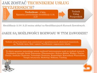 Kwalifikacje A.19 i A.23 można zdobyć na Kwalifikacyjnych Kursach Zawodowych.
JAKIE SĄ MOŻLIWOŚCI ROZWOJU W TYM ZAWODZIE?
Po zdaniu egzaminu maturalnego istnieje możliwość kontynuowania nauki na studiach wyższych.
Przykładowe kierunki: Sztuki Nowoczesne, Filmoznawstwo i Kultura Mediów, Wiedza o Teatrze,
Chemia, Analityka Chemiczna, Technologia Chemiczna, Kosmetologia, Komunikacja Wizerunkowa,
Terapia Artystyczna, Marketing i Reklama, Coaching.
Po zdaniu egzaminu maturalnego istnieje możliwość kontynuowania nauki na studiach wyższych.
Przykładowe kierunki: Sztuki Nowoczesne, Filmoznawstwo i Kultura Mediów, Wiedza o Teatrze,
Chemia, Analityka Chemiczna, Technologia Chemiczna, Kosmetologia, Komunikacja Wizerunkowa,
Terapia Artystyczna, Marketing i Reklama, Coaching.
Technik
Usług
Fryzjerskich
Technik
Usług
Fryzjerskich
JAK ZOSTAĆ TECHNIKIEM USŁUG
FRYZJERSKICH?
Technikum - 4 lata,
Egzaminy potwierdzające kwalifikacje A.19,
A.23
Technikum - 4 lata,
Egzaminy potwierdzające kwalifikacje A.19,
A.23
Technik usług fryzjerskich może uczestniczyć w specjalistycznych szkoleniach branżowych,
np. Techniki cięcia, Koki i upięcia, Przedłużanie i zagęszczanie włosów.
Technik usług fryzjerskich może uczestniczyć w specjalistycznych szkoleniach branżowych,
np. Techniki cięcia, Koki i upięcia, Przedłużanie i zagęszczanie włosów.
 