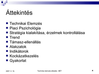 Áttekintés Technikai Elemzés Piaci Pszichológia Stratégia kialakítása, érzelmek kontrollálása Trend Támasz-ellenállás Alakzatok Indikátorok Kockázatkezelés Gyakorlat 