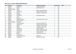 Belt pulley complete (MW24024000000LBG)
Item no.
1
2
3
4
5
6
7
8
9
10
11
12
13
14
15
16
17
18
19
20
21
22
23
24
25

Article no.
I000035
I000038
I005987TAN686A
I003646
I000122
I000026
S010110
I000028
I005973
I003647
I006333
I005979
I005976TAN686A
I000694
I000136
I002776
I000055
I000052
I000164
I000109
I000018
I000017
I005982
I003645
I000041

Description
Hexagon nut
Washer
Holder
Eyebolt
Hexagon bolt
Washer
Belt pulley
Hexagon nut
Lever
Belt pulley
Fillister head screw
Sliding bushing
Base plate
Lubricating nipple
Hexagon bolt
Washer
Washer
Spring ring
Hexagon bolt
Hexagon bolt
Spring ring
Washer
Guide washer
Compression spring
Hexagon nut

Additional partname
ISO7042-M12-8-A2P
DIN7349-B13-A2P
DIN444-A2-BM-M16x200
ISO4017-M10x30-8.8-A2P
ISO7090-10-140HV-A2P
ISO7042-M10-8-A2P

ISO4762-M10x55-10.9-A2P

DIN71412-H2-M6x1-A2P
ISO4017-M12x40-8.8-A2P
ISO7090-12-140HV-A2P
ISO7090-20-140HV-A2P
DIN127-B20-A2P
ISO4017-M20x40-8.8-A2P
ISO4017-M8x20-8.8-A2P
DIN127-B8-A2P
ISO7090-8-140HV-A2P
D389A-05
ISO4032-M16-8-A2P

Commercial in confidence

Quantity
4
4
1
1
1
1
1
1
1
1
1
2
1
1
4
4
1
1
1
4
4
4
2
1
1

Unit
EA
EA
EA
EA
EA
EA
EA
EA
EA
EA
EA
EA
EA
EA
EA
EA
EA
EA
EA
EA
EA
EA
EA
EA
EA

NSN

60 / 537

 