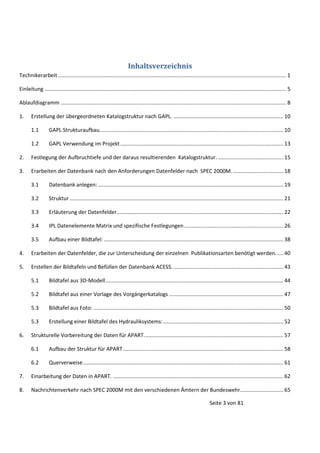 Inhaltsverzeichnis
Technikerarbeit .......................................................................................................................................................... 1
Einleitung ................................................................................................................................................................... 5
Ablaufdiagramm ........................................................................................................................................................ 8
1.

Erstellung der übergeordneten Katalogstruktur nach GAPL. .......................................................................... 10
1.1

GAPL Strukturaufbau............................................................................................................................ 10

1.2

GAPL Verwendung im Projekt .............................................................................................................. 13

2.

Festlegung der Aufbruchtiefe und der daraus resultierenden Katalogstruktur. ............................................ 15

3.

Erarbeiten der Datenbank nach den Anforderungen Datenfelder nach SPEC 2000M. .................................. 18
3.1

Datenbank anlegen: ............................................................................................................................. 19

3.2

Struktur ................................................................................................................................................ 21

3.3

Erläuterung der Datenfelder ................................................................................................................ 22

3.4

IPL Datenelemente Matrix und spezifische Festlegungen ................................................................... 26

3.5

Aufbau einer Bildtafel: ......................................................................................................................... 38

4.

Erarbeiten der Datenfelder, die zur Unterscheidung der einzelnen Publikationsarten benötigt werden. .... 40

5.

Erstellen der Bildtafeln und Befüllen der Datenbank ACESS. .......................................................................... 43
5.1
5.2

Bildtafel aus einer Vorlage des Vorgängerkatalogs ............................................................................. 47

5.3

Bildtafel aus Foto: ................................................................................................................................ 50

5.3
6.

Bildtafel aus 3D-Modell ........................................................................................................................ 44

Erstellung einer Bildtafel des Hydrauliksystems: ................................................................................. 52

Strukturelle Vorbereitung der Daten für APART. ............................................................................................. 57
6.1

Aufbau der Struktur für APART ............................................................................................................ 58

6.2

Querverweise ....................................................................................................................................... 61

7.

Einarbeitung der Daten in APART. ................................................................................................................... 62

8.

Nachrichtenverkehr nach SPEC 2000M mit den verschiedenen Ämtern der Bundeswehr. ............................ 65
Seite 3 von 81

 