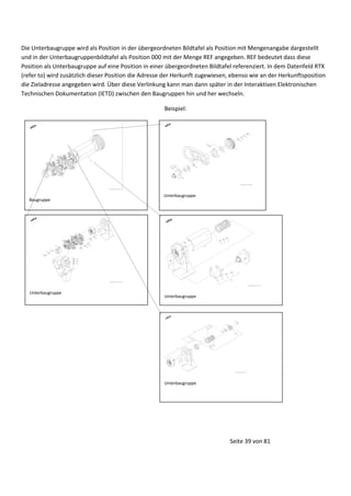 Die Unterbaugruppe wird als Position in der übergeordneten Bildtafel als Position mit Mengenangabe dargestellt
und in der Unterbaugruppenbildtafel als Position 000 mit der Menge REF angegeben. REF bedeutet dass diese
Position als Unterbaugruppe auf eine Position in einer übergeordneten Bildtafel referenziert. In dem Datenfeld RTX
(refer to) wird zusätzlich dieser Position die Adresse der Herkunft zugewiesen, ebenso wie an der Herkunftsposition
die Zieladresse angegeben wird. Über diese Verlinkung kann man dann später in der Interaktiven Elektronischen
Technischen Dokumentation (IETD) zwischen den Baugruppen hin und her wechseln.
Beispiel:

Baugruppe

Unterbaugruppe

Unterbaugruppe

Unterbaugruppe

Unterbaugruppe

Seite 39 von 81

 