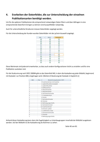 4.

Erarbeiten der Datenfelder, die zur Unterscheidung der einzelnen
Publikationsarten benötigt werden.

Um für die späteren Publikationen die entsprechend notwendigen Daten filtern und über Abfragen in eine
entsprechende Datenform bringen zu können sind Auswahlfelder notwendig.
Auch für unterschiedliche Strukturen müssen Datenfelder angelegt werden.
Für die Unterscheidung der Kunden wurden Datenfelder mit der ja/nein Auswahl angelegt:

Diese Merkmale sind jederzeit erweiterbar, so dass auch andere Konfigurationen leicht zu erstellen und für eine
Publikation auslesbar sind.
Für die Stukturierung nach SPEC 2000M gibt es das Datenfeld IND, in dem die Kaskadierung jeder Bildafel, beginnend
mit Kaskade 1 an Position 000, eingetragen wird. (Weitere Erläuterung der Kaskade in Kapitel 6.1)

Anhand dieser Kaskadierung kann dann die Zugehörigkeit zu Unterbaugruppen innerhalb der Bildtafel ausgelesen
werden. Auf der Bildtafel ist die Kaskadierung als Klammer zu sehen.
Seite 40 von 81

 
